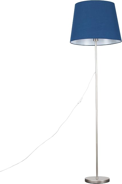 MiniSun Modern Standard Floor Lamp in a Brushed Chrome Metal Finish with an Extra Large Navy Blue Tapered Shade
