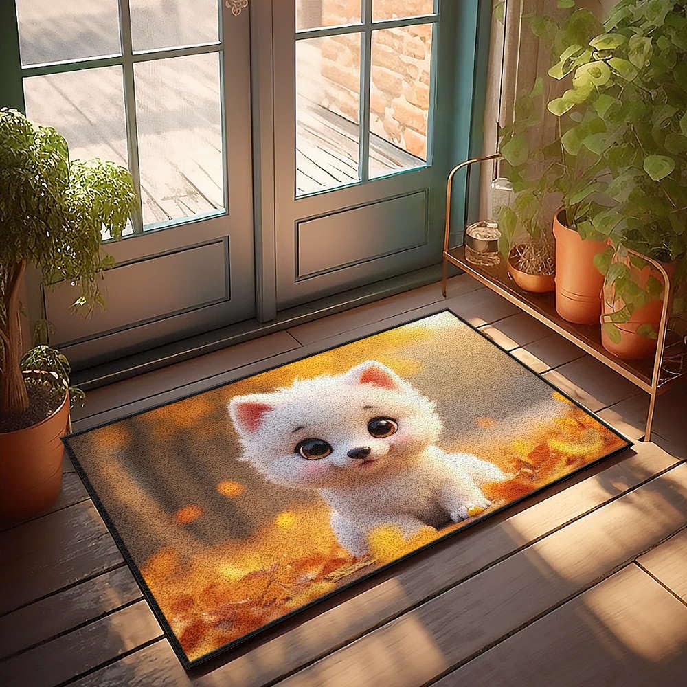 Paillasson d'extérieur grand format 65x90 cm avec motif chiot blanc d'automne