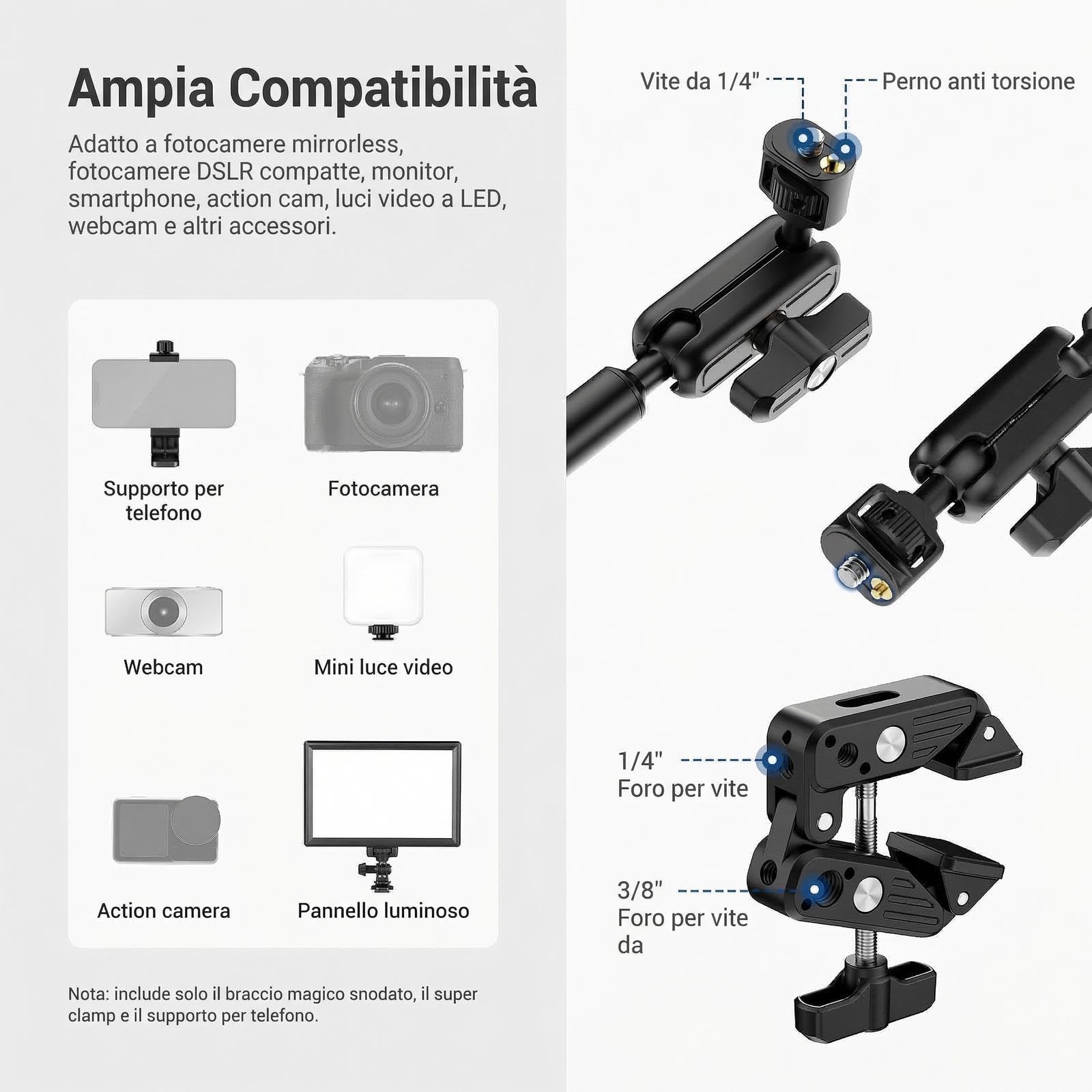 NEEWER BASICS 55cm Magic Arm da Scrivania con Super Clamp, Porta Telefono e Adattatore da 1/4" a 3/8", Braccio Microfono Supporto Overhead Accessori Fotografia per Mic ActionCam Webcam Luce LED, UA061