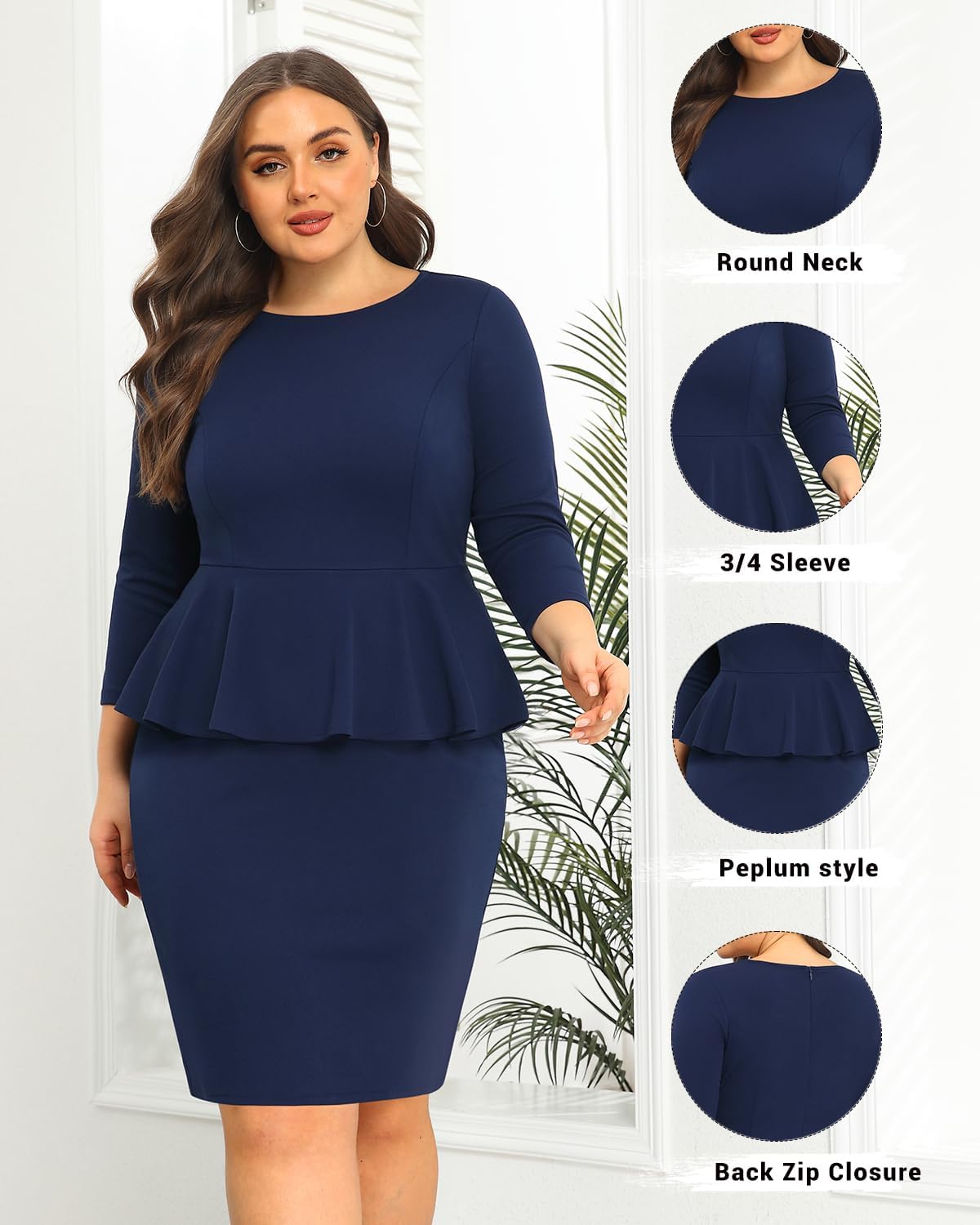 Pinup Fashion Business Dresses for Woman Plus Size - Church Work Office Peplum Pencil Boat Neck Knee Length Dress - Image 6