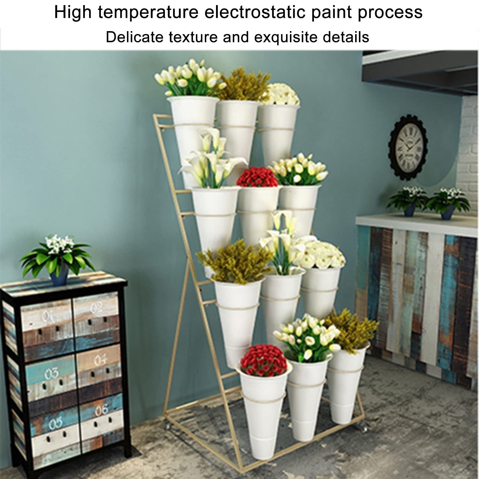 Espositore per Fiori con 12 secchi in plastica - Supporto per Piante in Ferro con 4 Ruote universali, ripiano per Bouquet di fiorista Mobile in Metallo a 3 Strati per ne