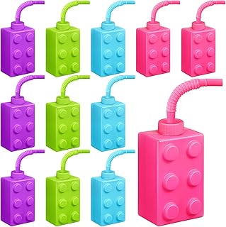 Mumufy Building Blocks Cups with Straw and Lids, 10 oz Reusable Kids Cup Brick Party Plastic Cups for Block Birthday Party Supplies Favors (12 Sets)