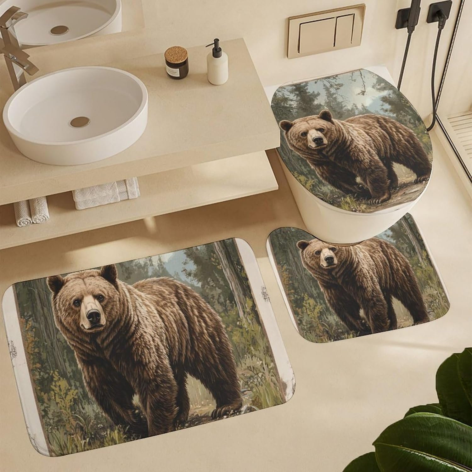 4Pcs Retro Rustic Bear Animal Shower Curtain Sets, 4pcs Pine Tree Forest Landscape Shower Curtains for Bathroom with Rugs, Toilet Lid Cover, Bath Mat, 72" x 72"