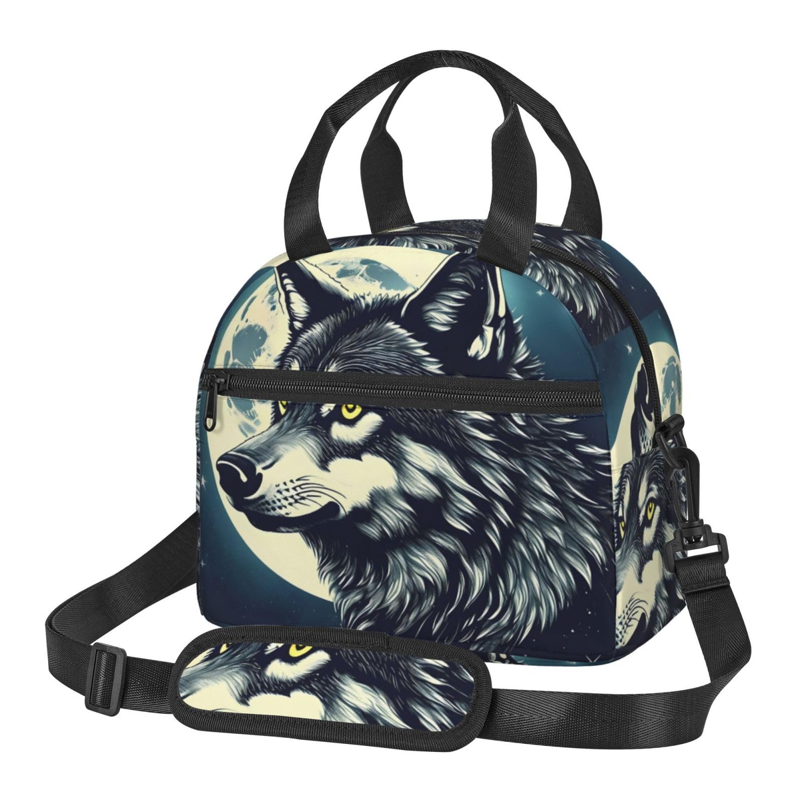 Sac à déjeuner isotherme réutilisable avec motif loup et lune pour adultes, pour le travail, les voyages, les femmes et les hommes