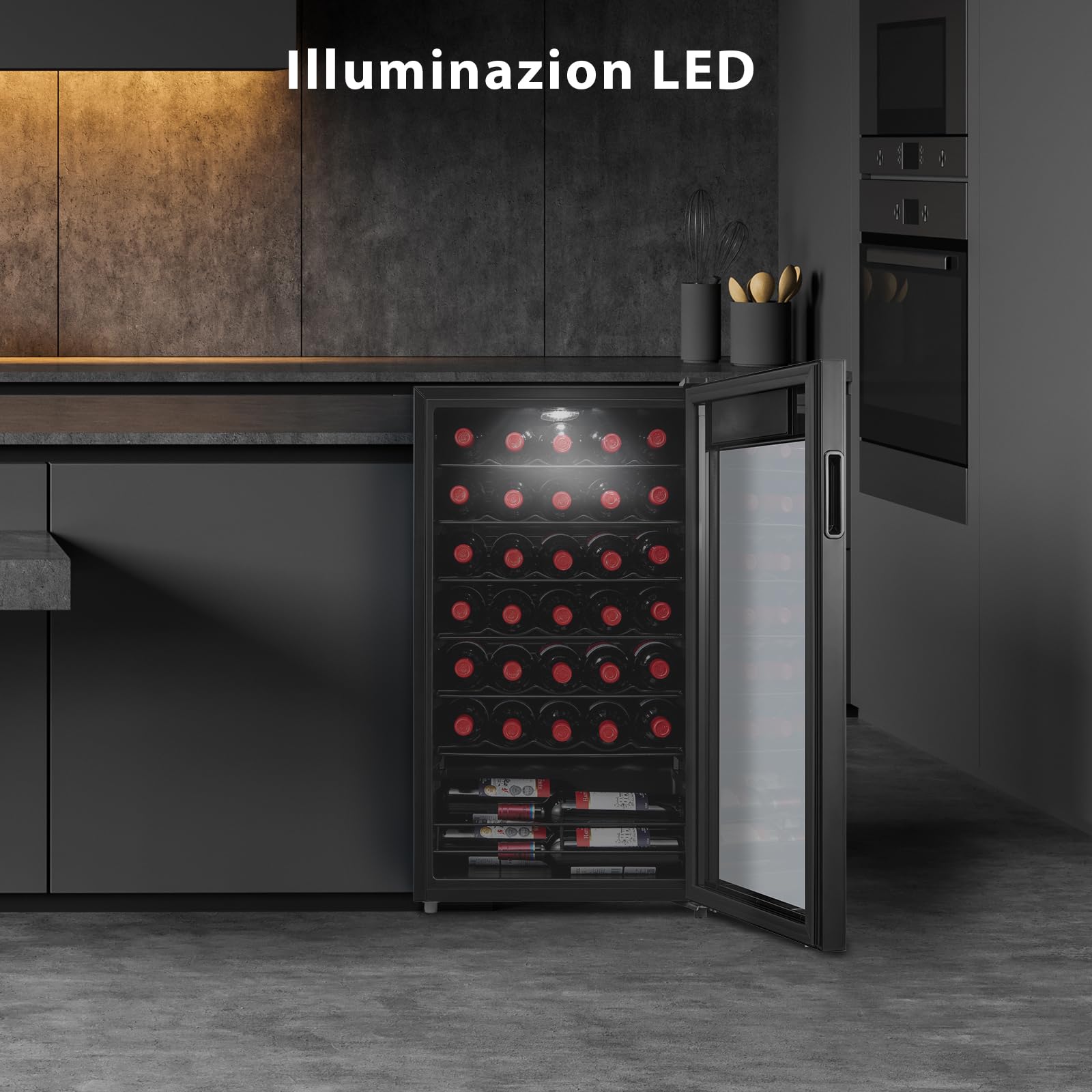 Midea Cantinetta Vino MDRW150FGG22, 34 Bottiglie, 1 Zona 5℃-18℃, Display Touch, Silenziosa 40 dB, Vetro Anti-UV, LED 3D, Installazione Libera, 47x44x84.5 cm, Nero