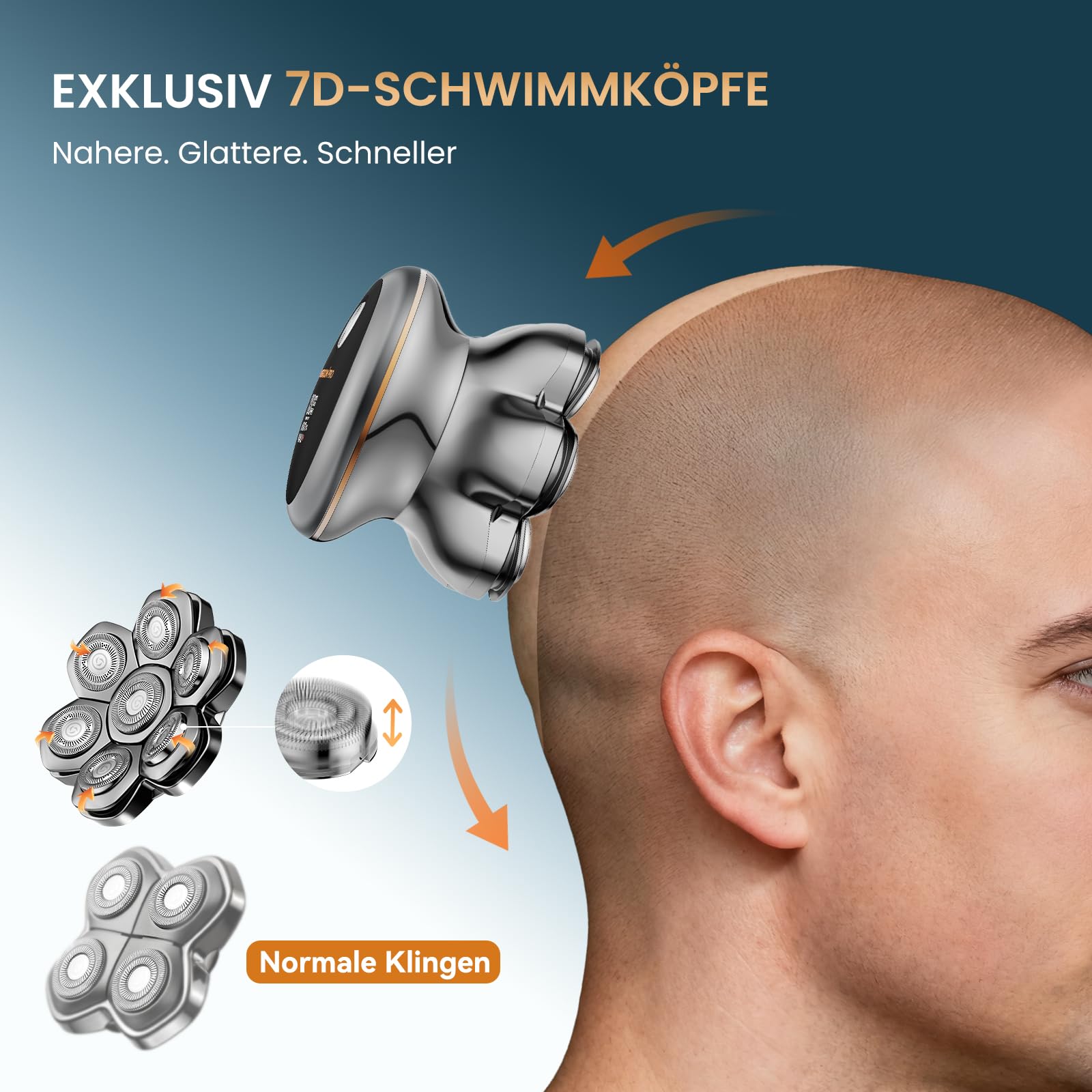 1400mAh Akku Kopf Rasierer Herren,8800RPM Silber Head Shaver Men,Typc 0 mm 7D wasserdichter Kopfhaarrasierer mit verbesserter flexibler Klinge, lange Akkulaufzeit, leicht zu reinigen