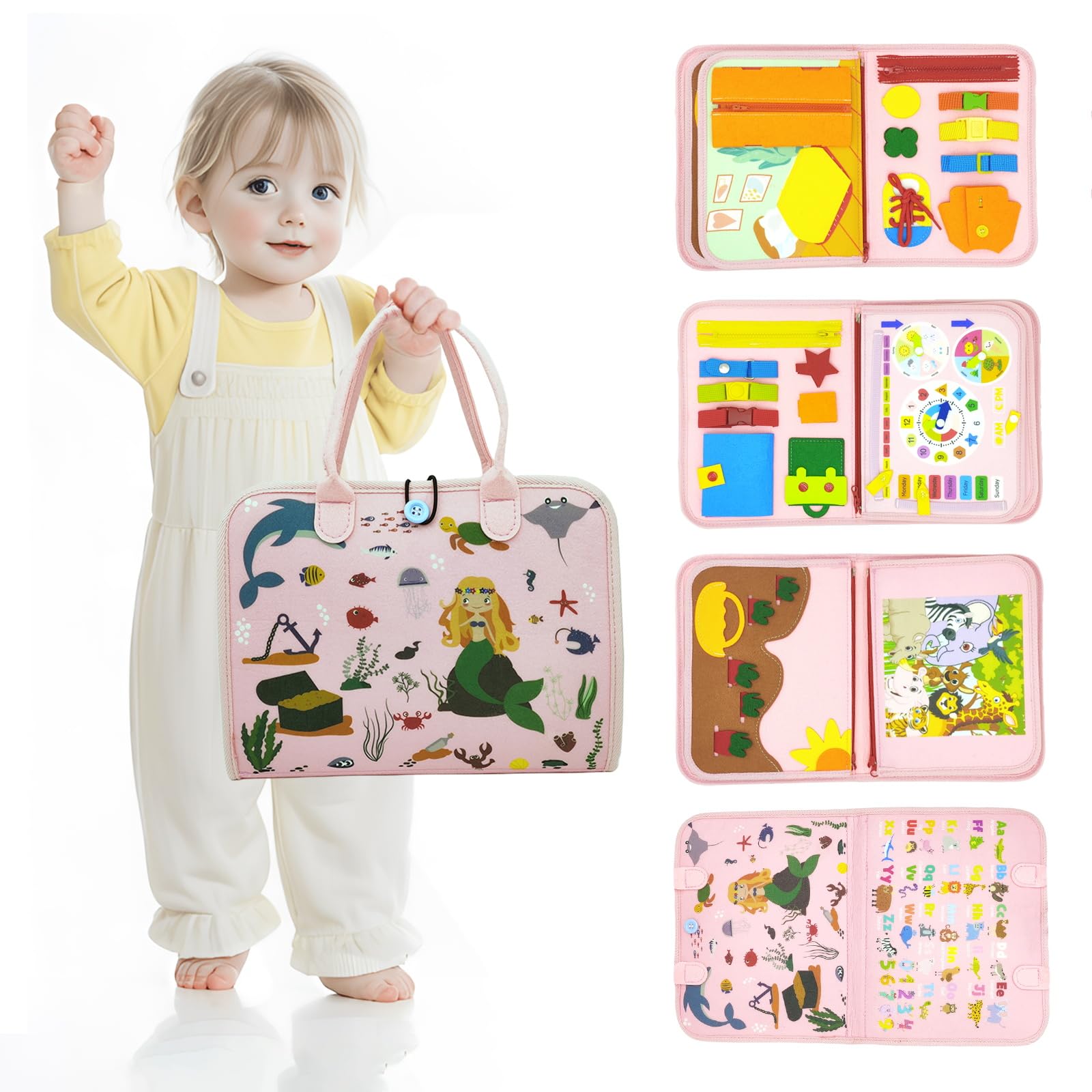 Busy Board，Montessori Toys For 1 2 3 4 Year Olds, Busy Board For Toddlers, Sensory Activity Board Toys, Preschool Puzzle Learning Toys, Traveling Airplane Car Toys, Gifts For Girls Boys (Pink)