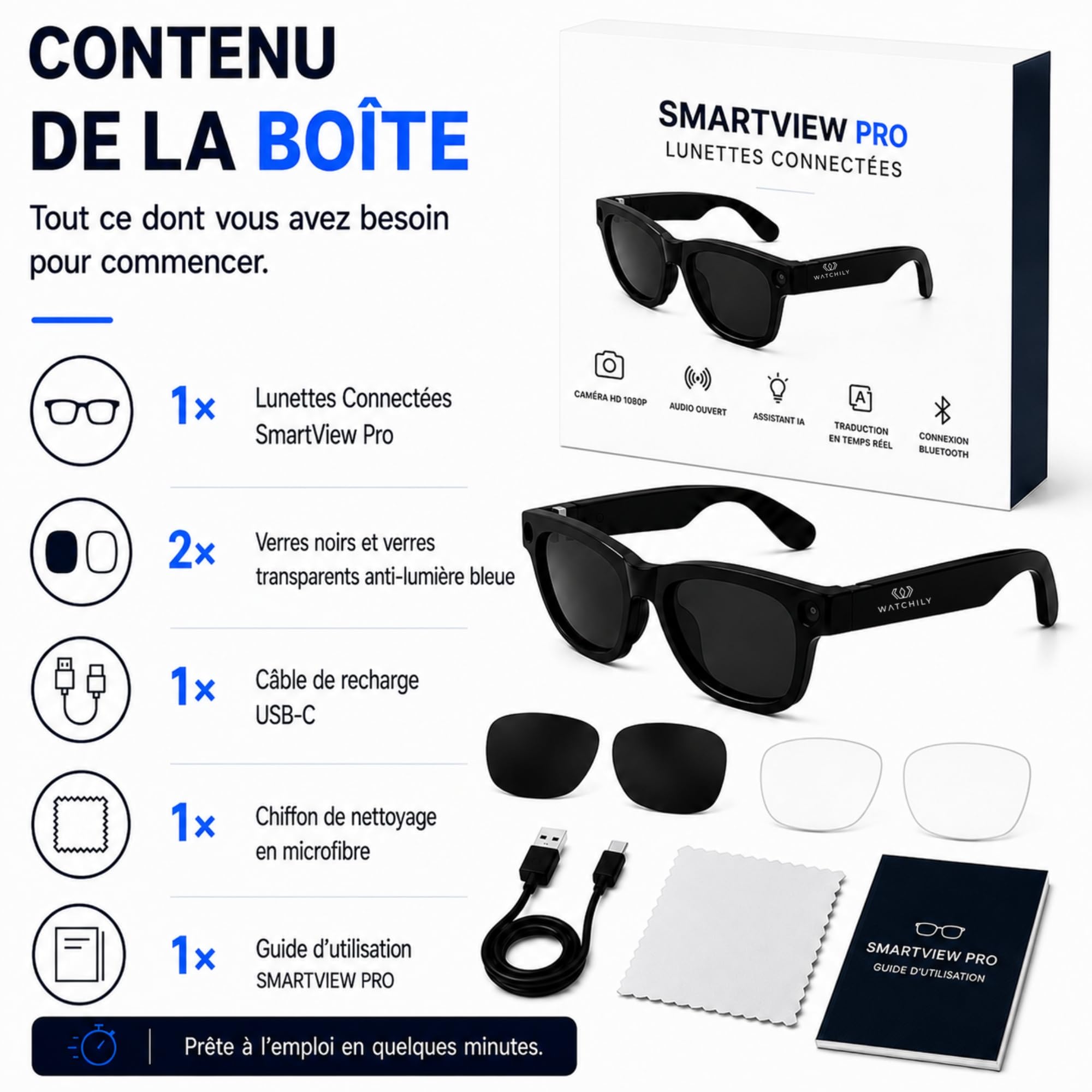Watchily Occhiali connessi, fotocamera incorporata, ChatGPT – SmartView Pro – lenti nere e trasparenti