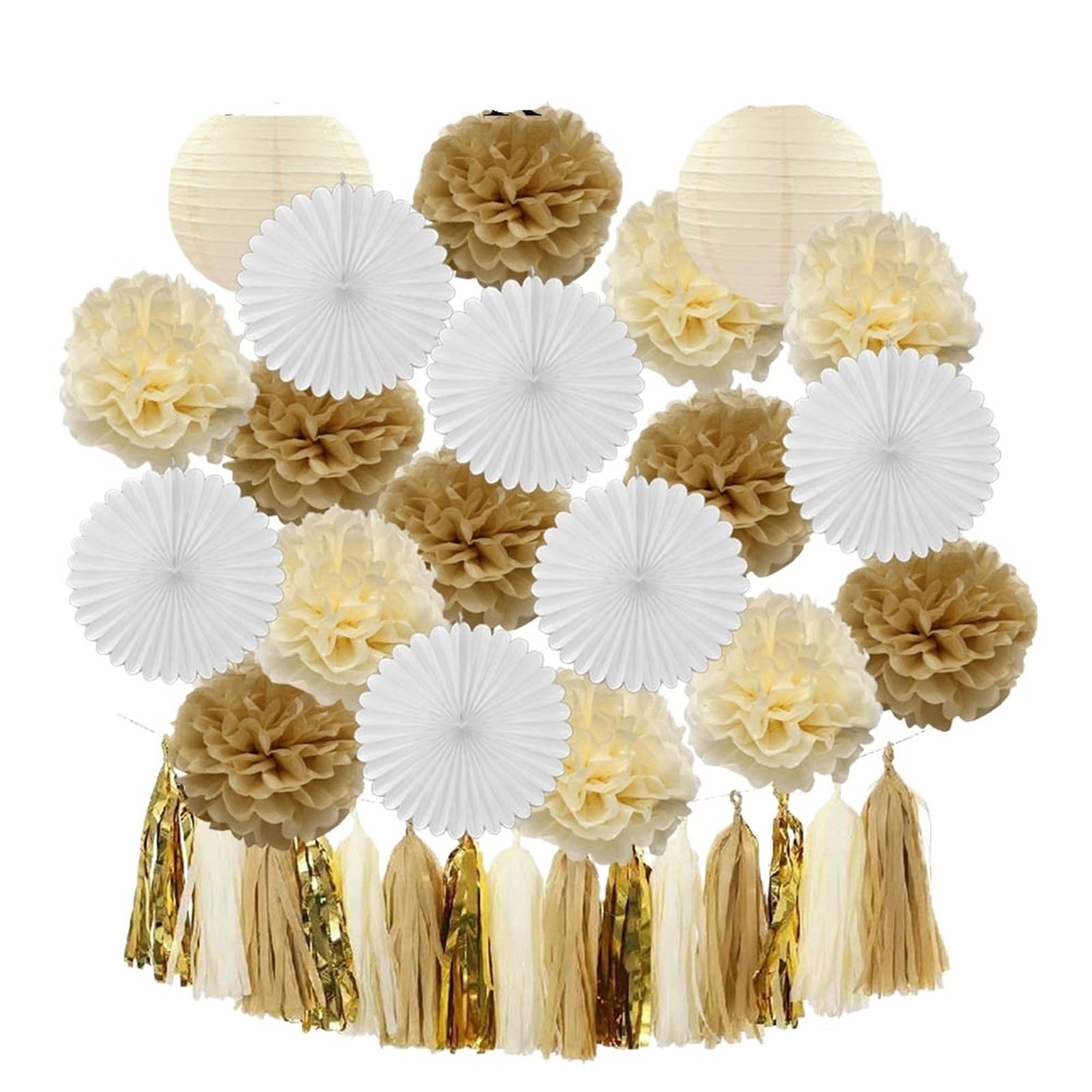 Paper Lanterns Boy Birthday Party Favor Hanging Paper Lantern Fan Wedding Decor Blue White Set Tissue Pompom Tassel(Beige Set)