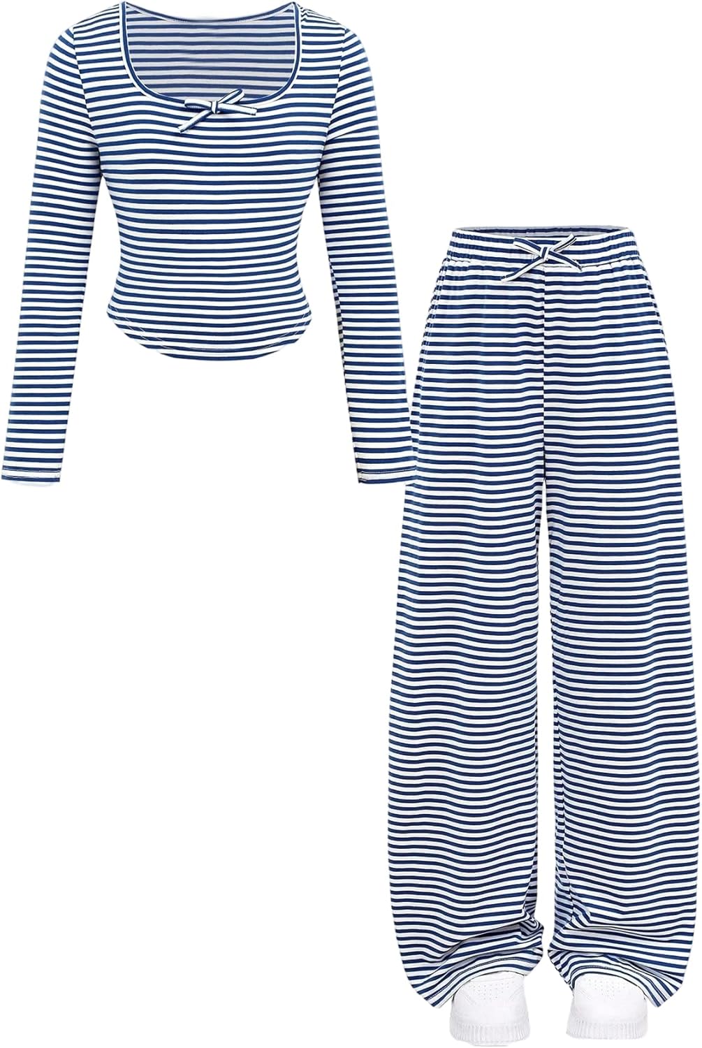Girl's 2 Piece Outfits Bow Striped T Shirts and Wide Leg Pants Matching Sets Cute Fall Clothes