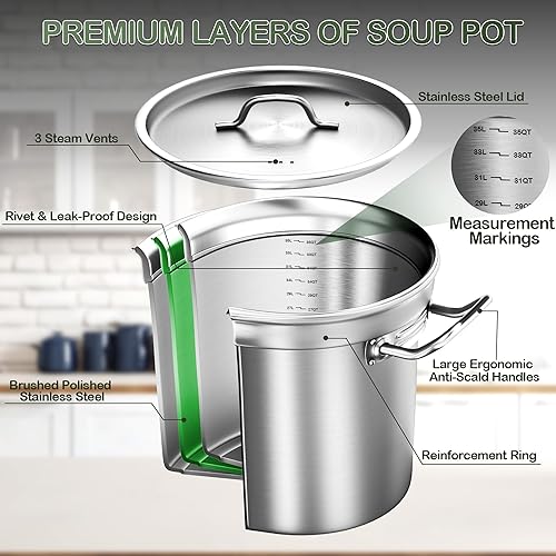 Miniatura 5 de Olla grande de acero inoxidable de 35 cuartos de galón con tapa, parte inferior de tres capas resistente de grado comercial y ollas para hervir