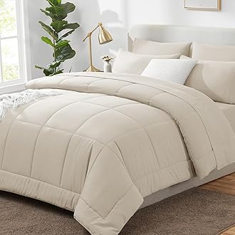 CozyLux California King Comforter Sets Beige, 7 Pieces Cal King Bed in a Bag, All Season Bedding Sets with Stitch Quilted Comforter, Flat Sheet, Fitted Sheet, Pillowcases
