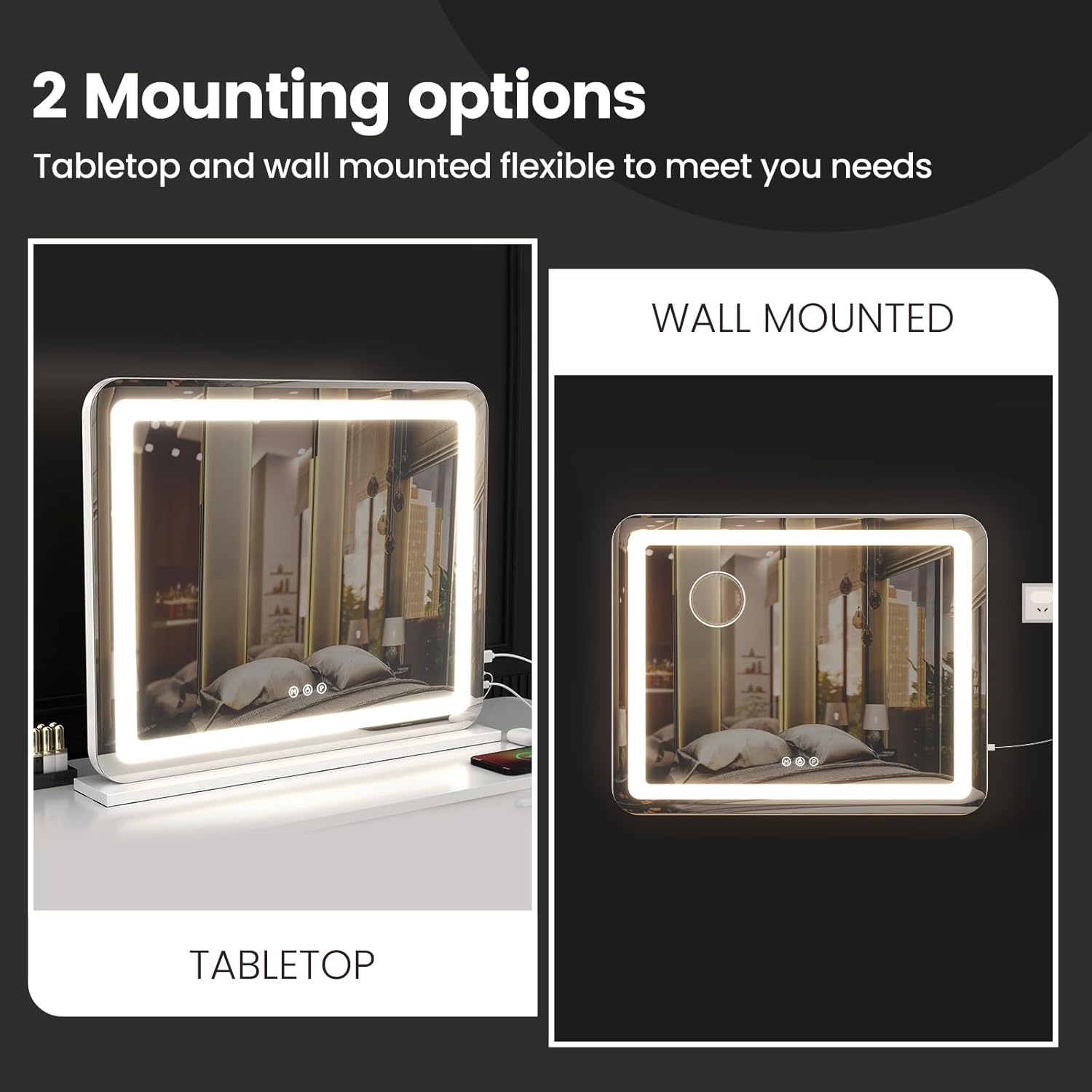 Vanity Mirror with Lights, 23"x 18" Large LED Lighted Mirror with Detachable 10X Magnification & 3 Colors Modes, and USB Charging Port for Vanity Desk Tabletop (White, 23 * 18)