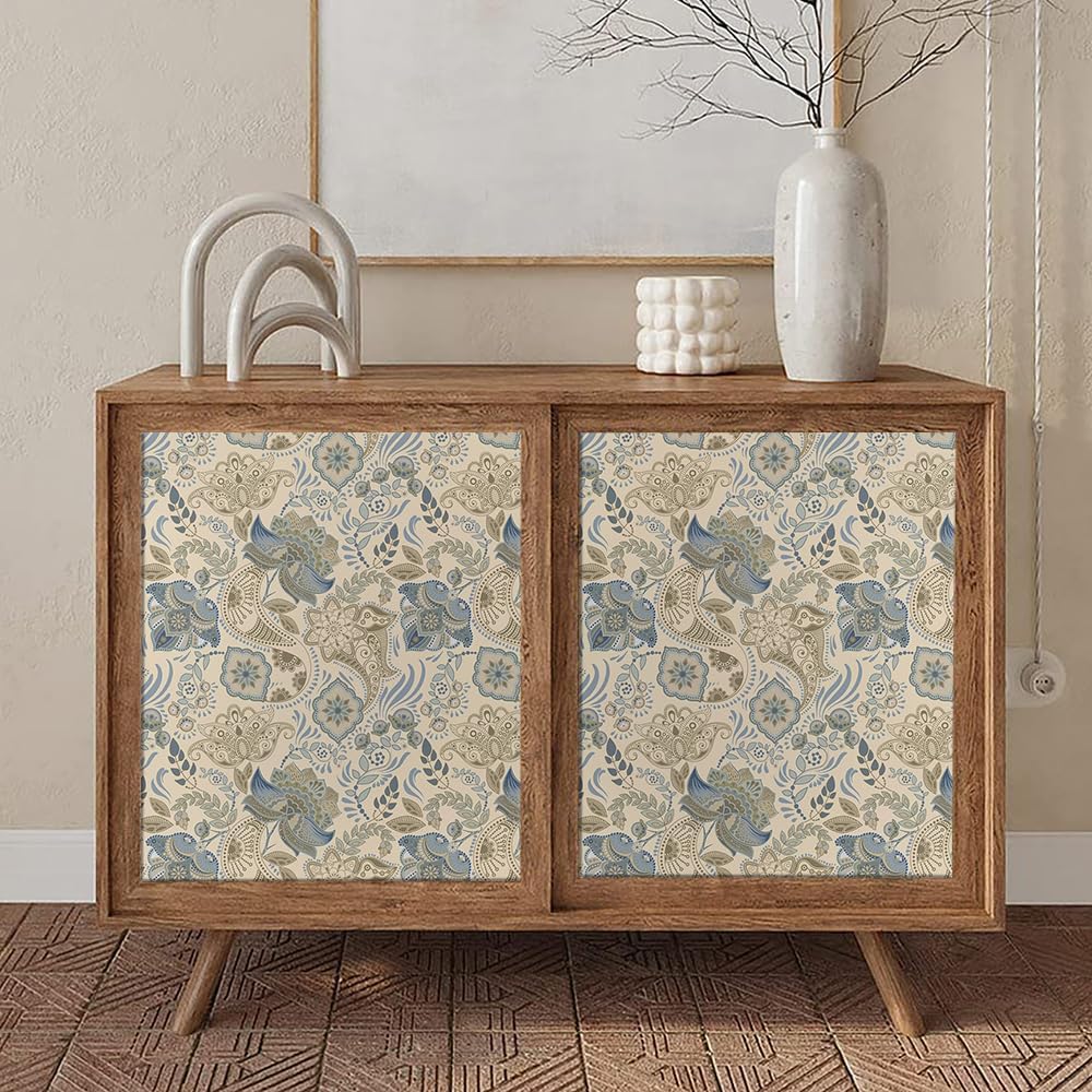 18"x236" Boho Vintage Yellow/Blue Paisley Flower Peel and Stick Self Adhesive Wallpaper Removable Contact Paper Stick on Easy Peel Off Wall Paper for Kitchen Bedroom Bathroom Renter