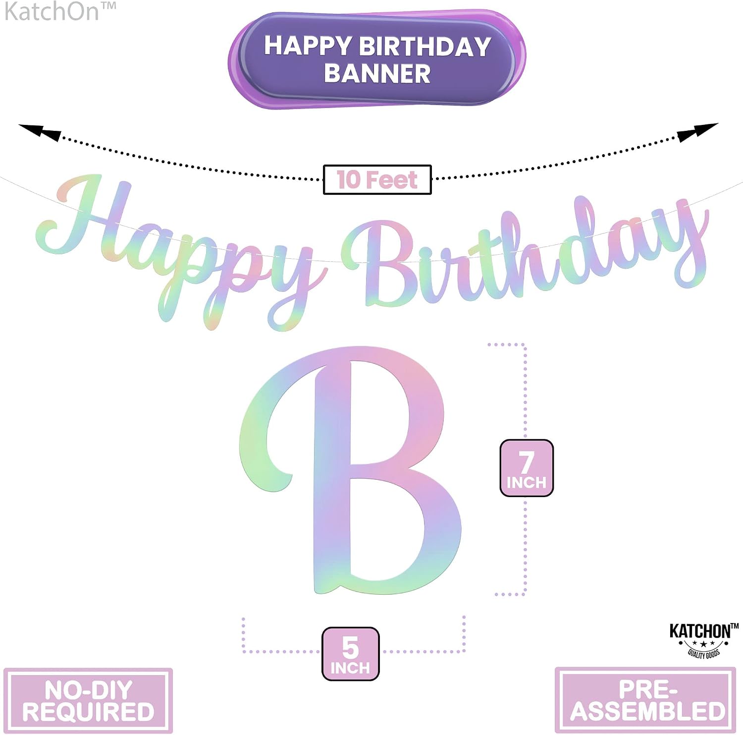 KatchOn Glitter Iridescent Happy Birthday Banner - Pre-Strung 10 Feet, Happy Birthday Sign for Women Men Boys and Girls Iridescent Birthday Decorations
