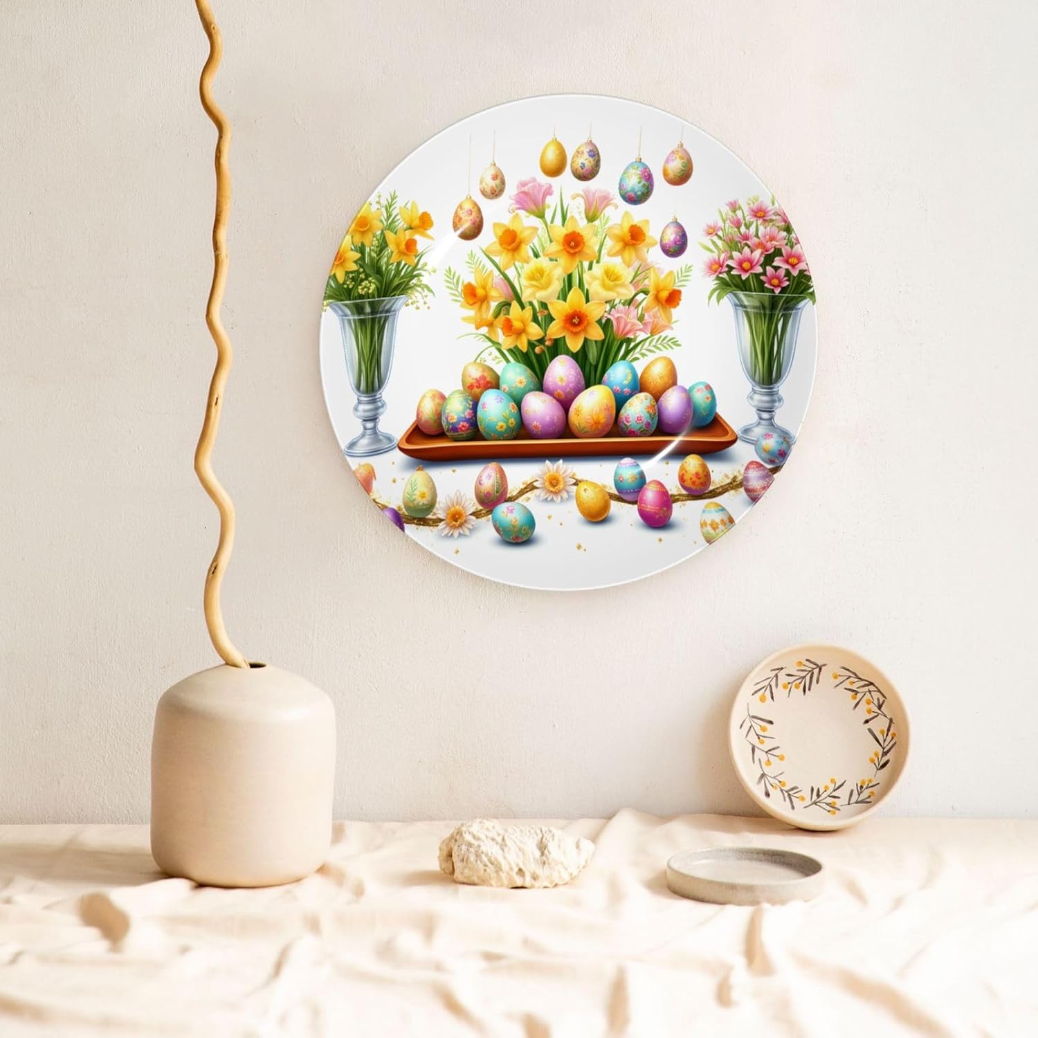Easter Egg Wreath Celebration Style Ceramic Plate Display Decorative Plate With Stand Wall Hanging Plate For Home Decor 10 Inch
