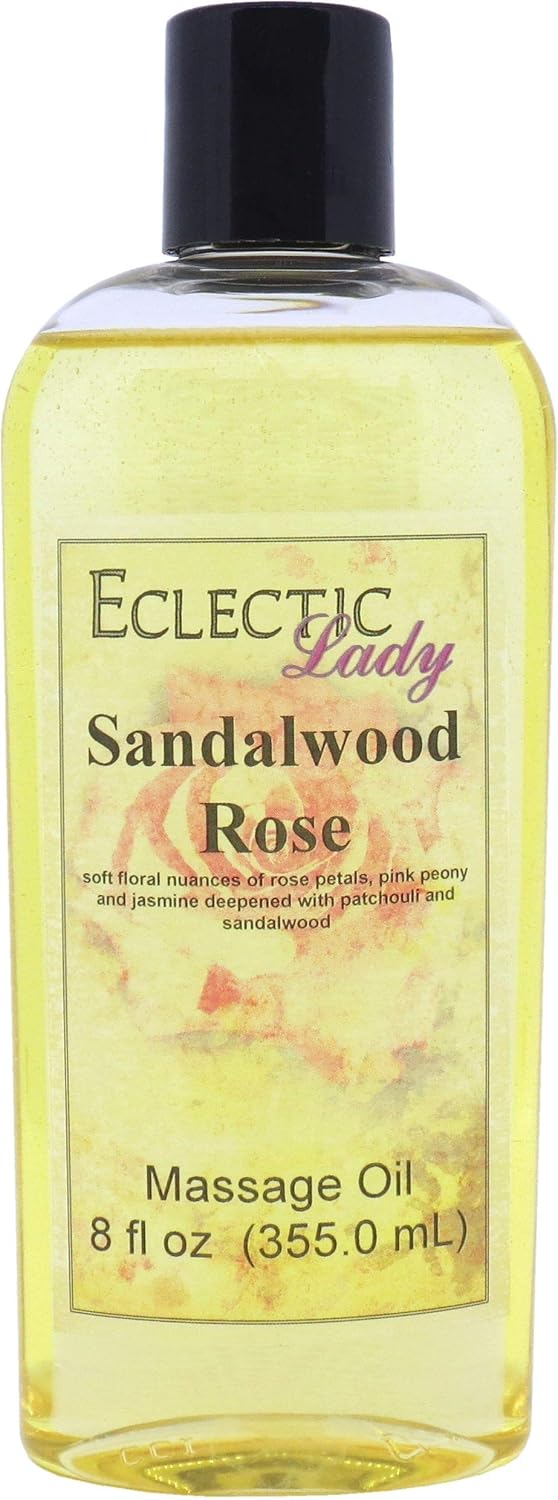 Sandalwood Rose Massage Oil, 8 oz, With Sweet Almond Oil and Jojoba Oil, Preservative Free, Perfect for Aromatherapy and Relaxation