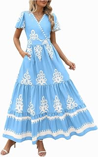 Womens Summer Casual V Neck Boho Maxi Dress Elegant Flowy Aline Gowns Bell Sleeve Tiered Floral Dresses with Pocket