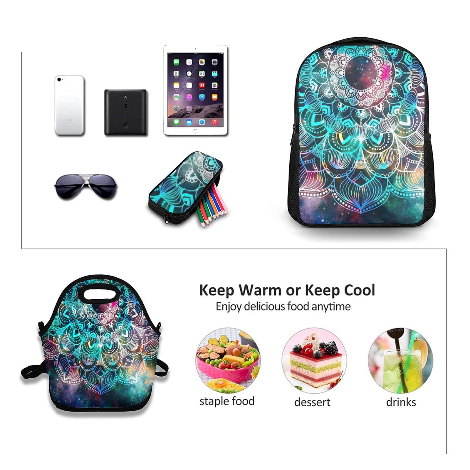 Juego de mochila escolar, diseño abstracto geométrico antiguo con campo de estrellas y colorido diseño gráfico de mandala de acuarela de galaxia, con bolsa de almuerzo y estuche para lápices, para