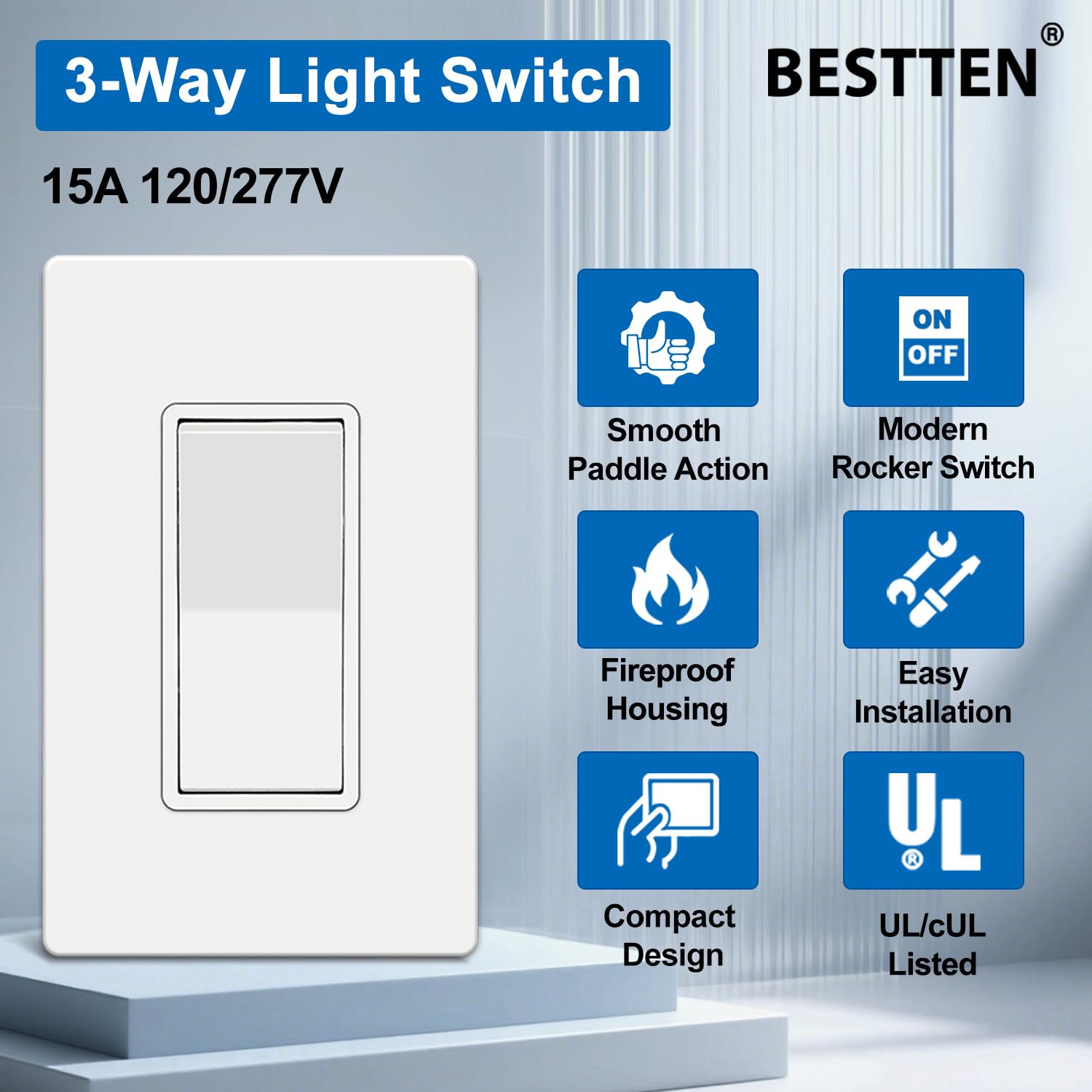 BESTTEN 3 Way Decorator Light Switch, 10 Pack On/Off Paddle Rocker Interrupter, 15A 120/277V, Electrical Wall Light Switches with Screwless Wallplates, Single Pole or Three Way, UL Listed, White