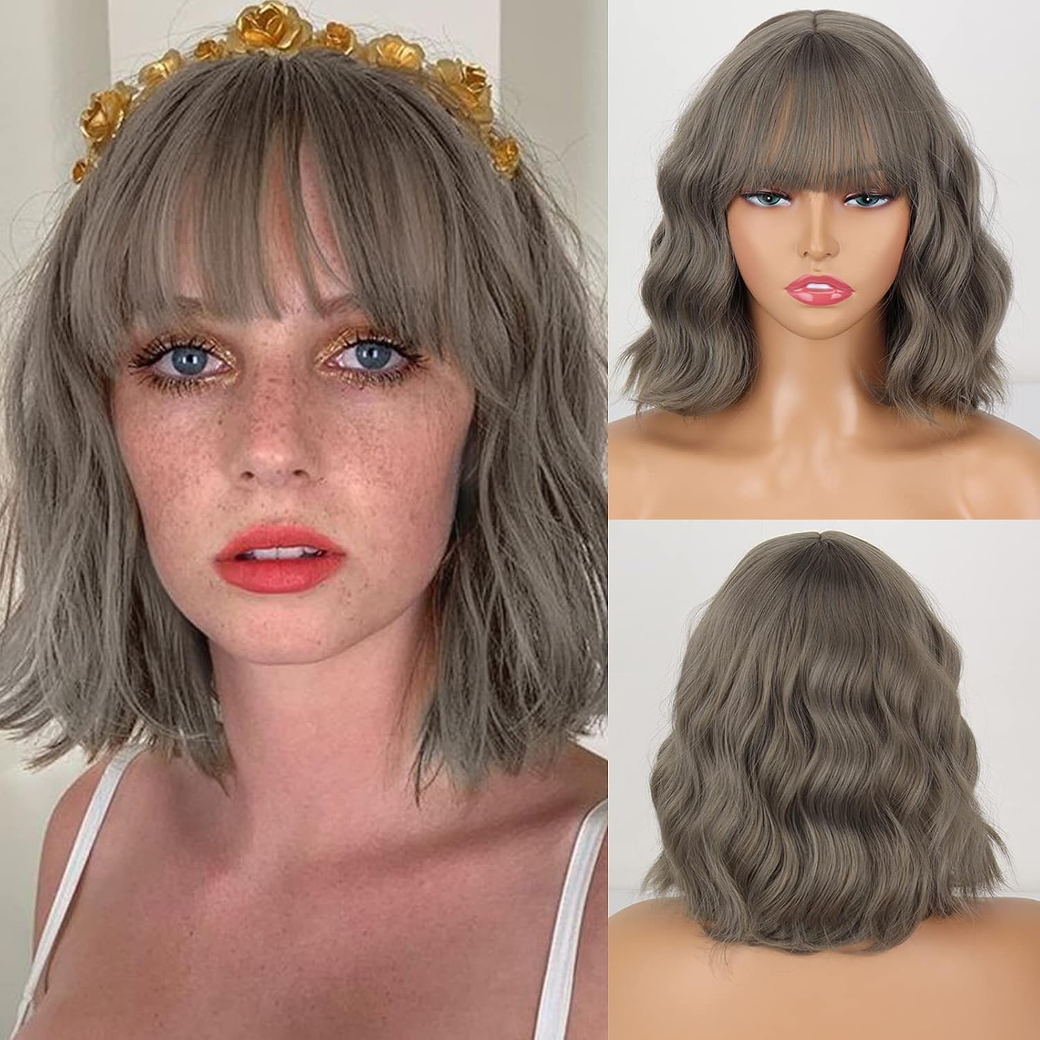 MISSQUEEN Short Grey Wig With Bangs,Grey Short Wavy Wigs for Women,Synthetic Natural Grey Bob Wig(Grey)