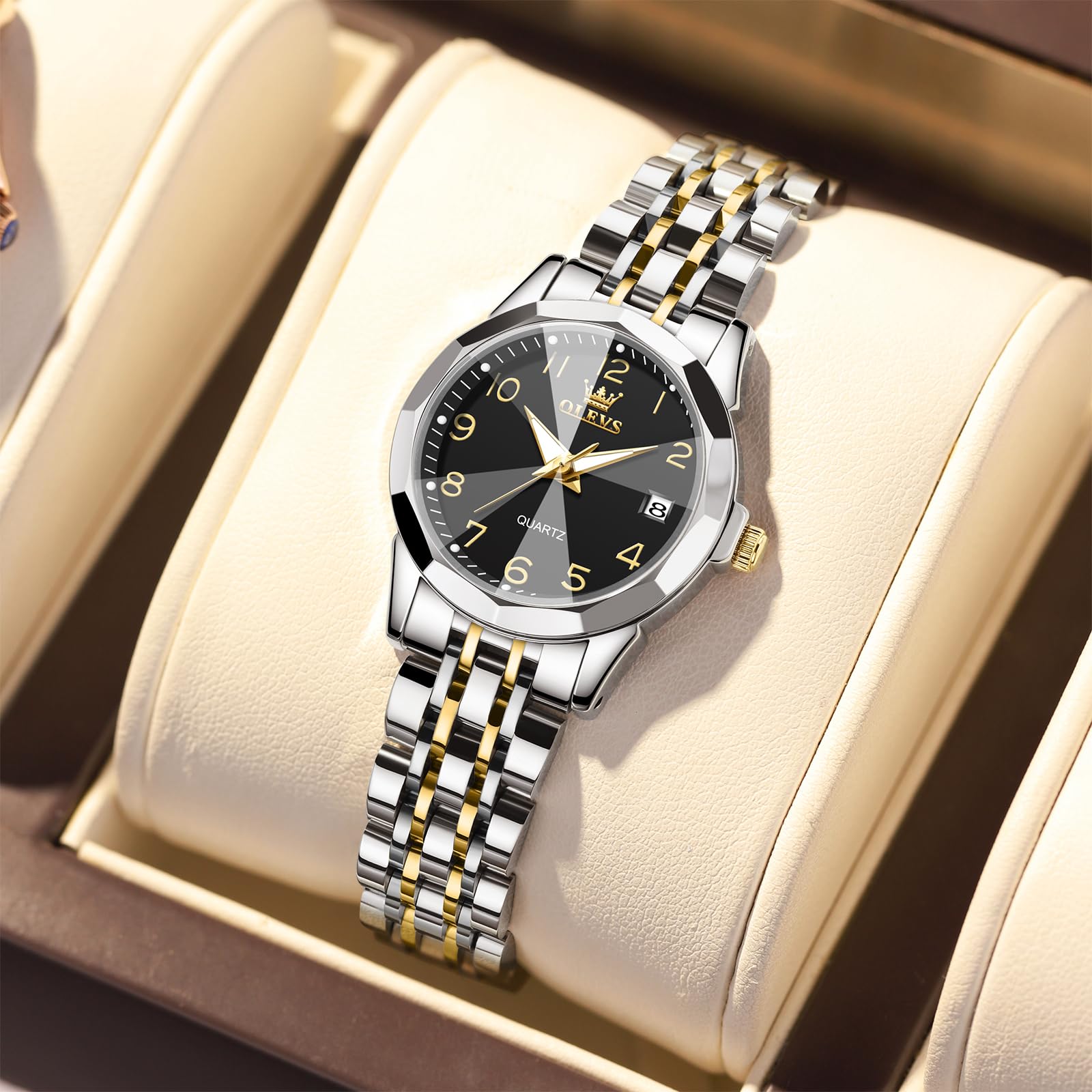 OLEVS Reloj de pulsera para mujer, correa de acero inoxidable, moderno, analógico, cuarzo, números arábigos, fácil de leer, luminoso, resistente al agua, con esfera pequeña y fecha