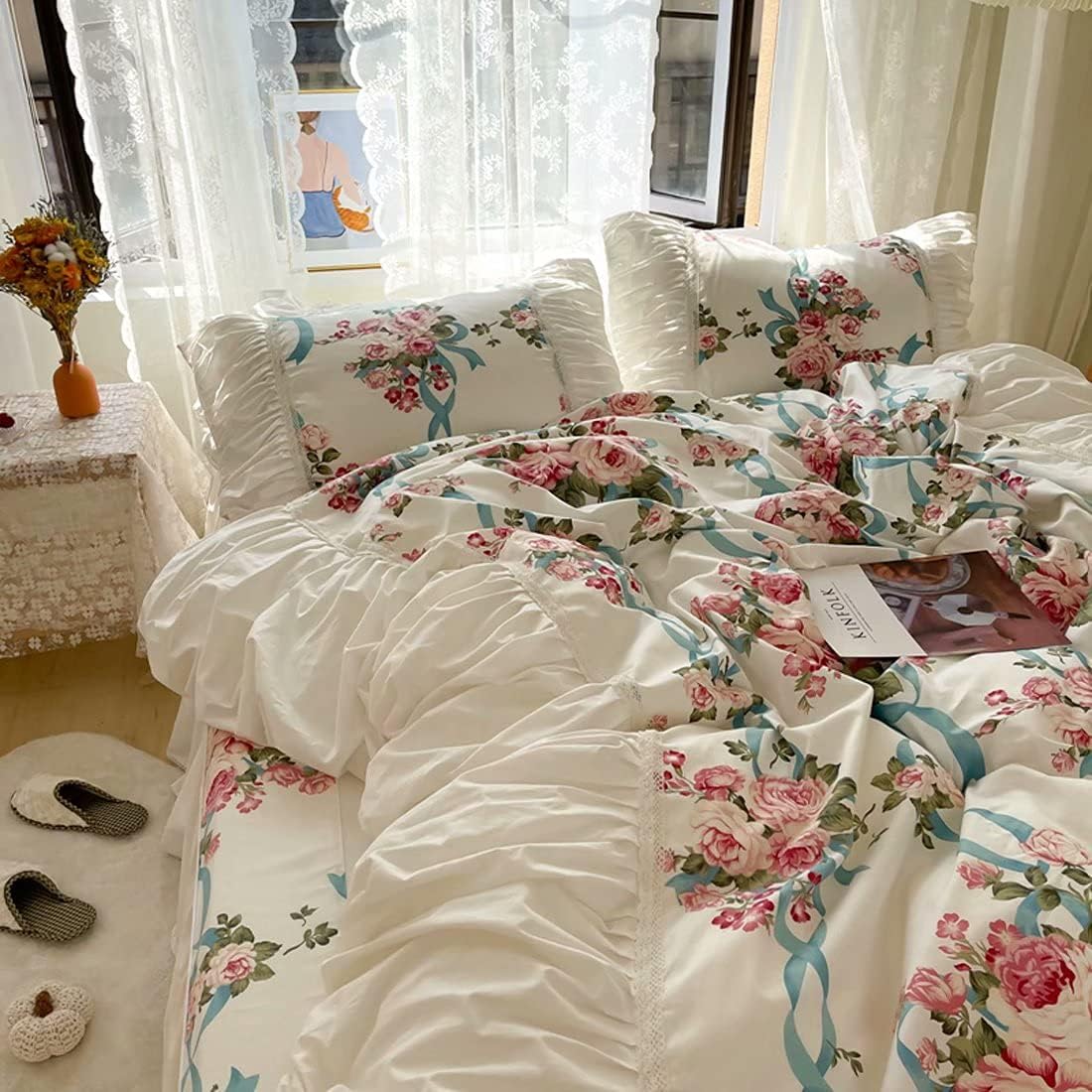 姫系 掛け布団カバーセット 4点セット セミダブル 花柄 寝具カバーセット かわいい おしゃれ フリル付き 綿100% 布団カバーセット ベ 姫系 掛け布団カバー セミダブル 4点セット 綿100% ベッドスカート