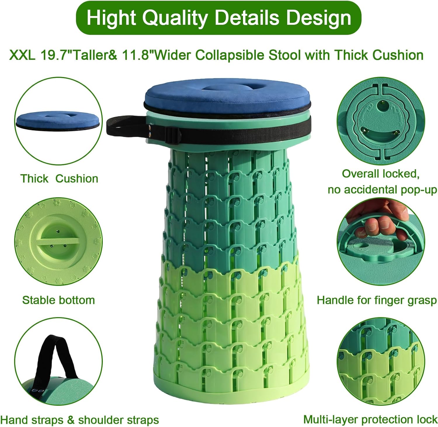 2026 Upgraded XXL Collapsible Stool with Thick Cushion,19.7"H-11.8"D Telescoping Folding Stool for Adults, More Sturdy Camping Stools with Load Capacity 1000lbs for Outdoor,Garden,Fishing,Hiking
