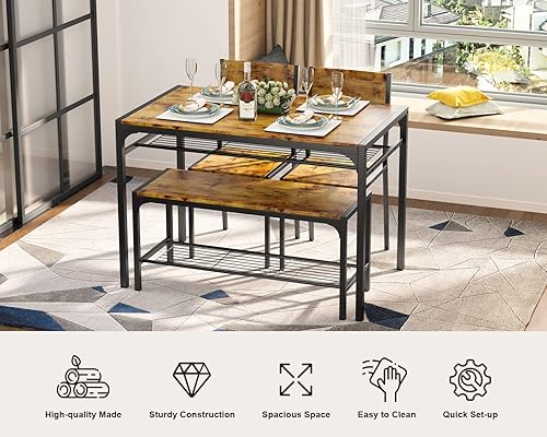 Miniatura 6 de Gizoon Mesa de cocina y 2 sillas para 4 personas con banco, juego de mesa de comedor de 4 piezas para espacios pequeños, apartamento (marrón