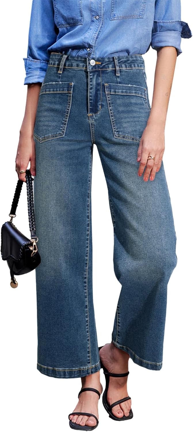 Sidefeel Women’s Wide Leg Jeans High Waisted Stretchy Jeans Straight Leg Loose Fit Zimbaplatinum Ankle Denim Pants