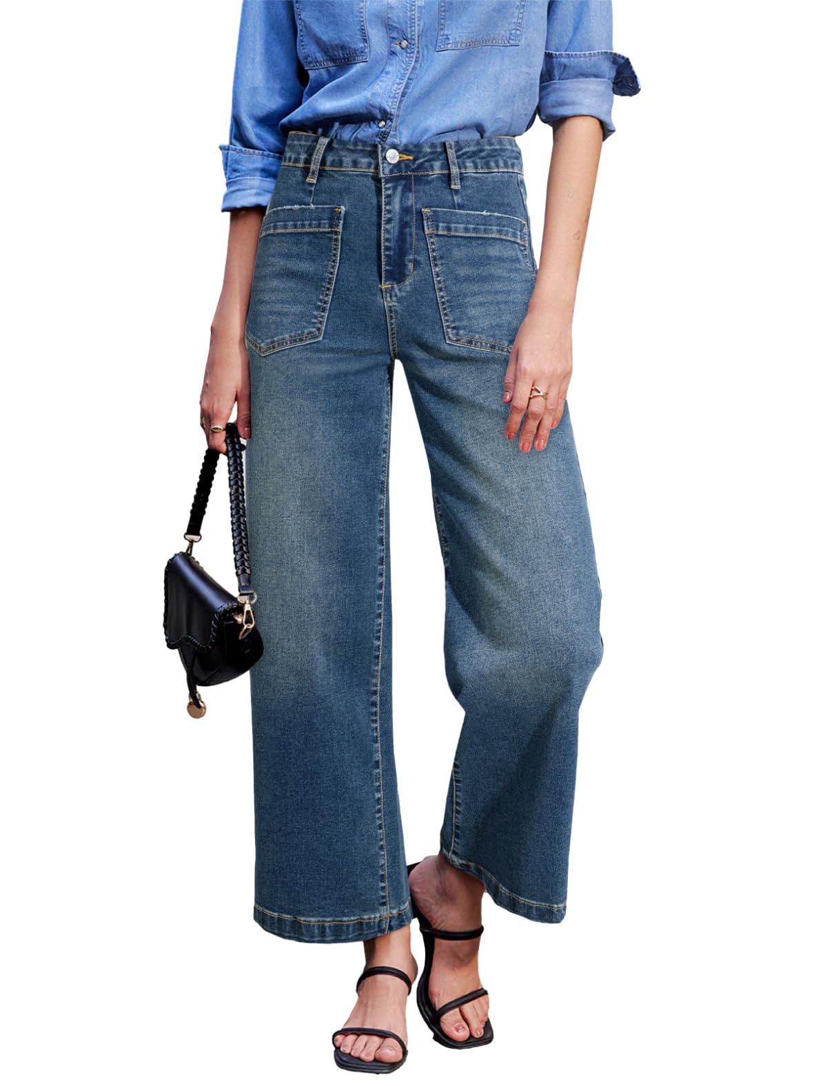 Sidefeel Wide Leg Jeans for Women High Waisted Stretchy Ankle Denim Pants | Soft Comfy Denim Jeans, Four Patch Pockets with Distressed Details, Up to 28'' Inseam, Versatile Outfits for Casual Vacation
