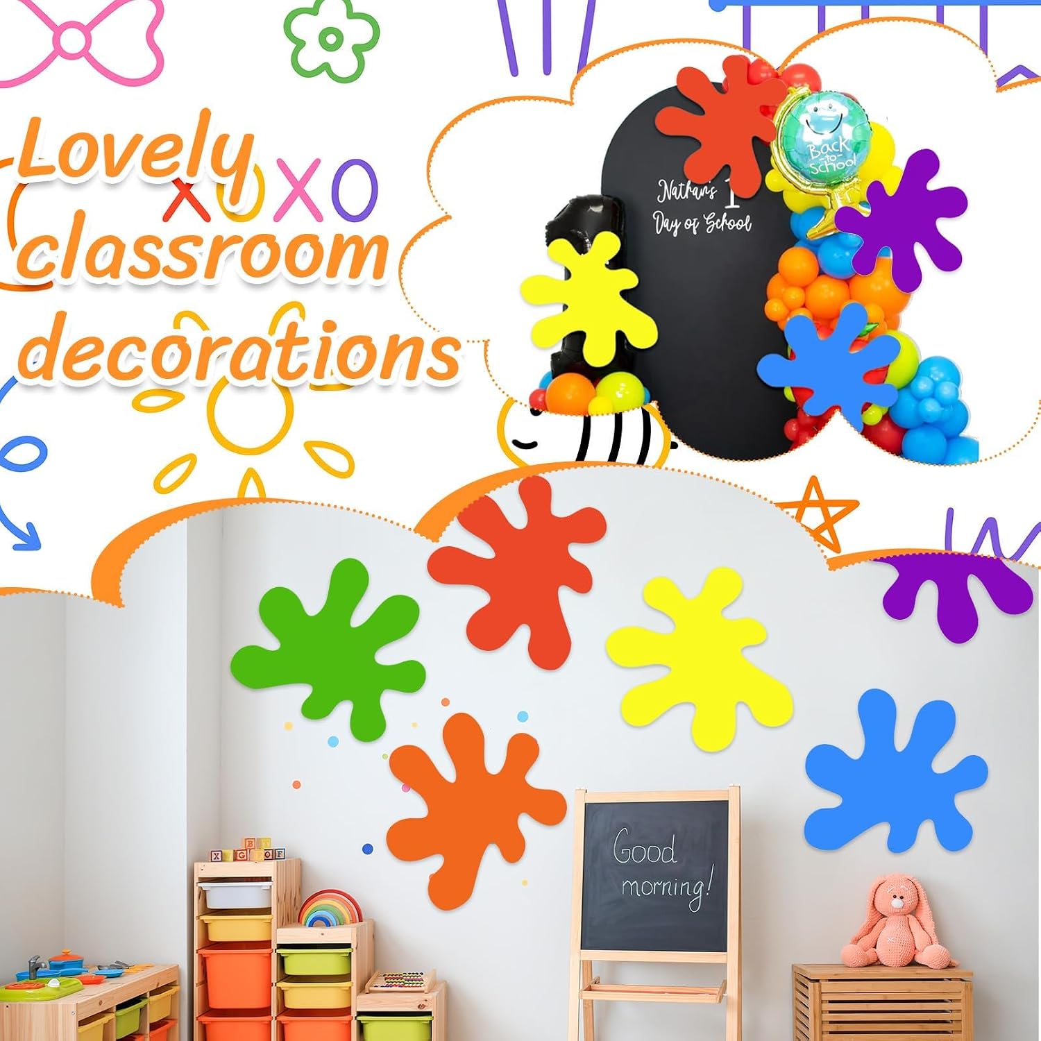 12 Sets Back to School Decoration 17.7x15.8 Inch Large Colorful Paint Splatter Card with Self-Adhesive Painting Splatters Cutouts for Art Paint Party Door Window Bulletin Board Blackboard Decorations