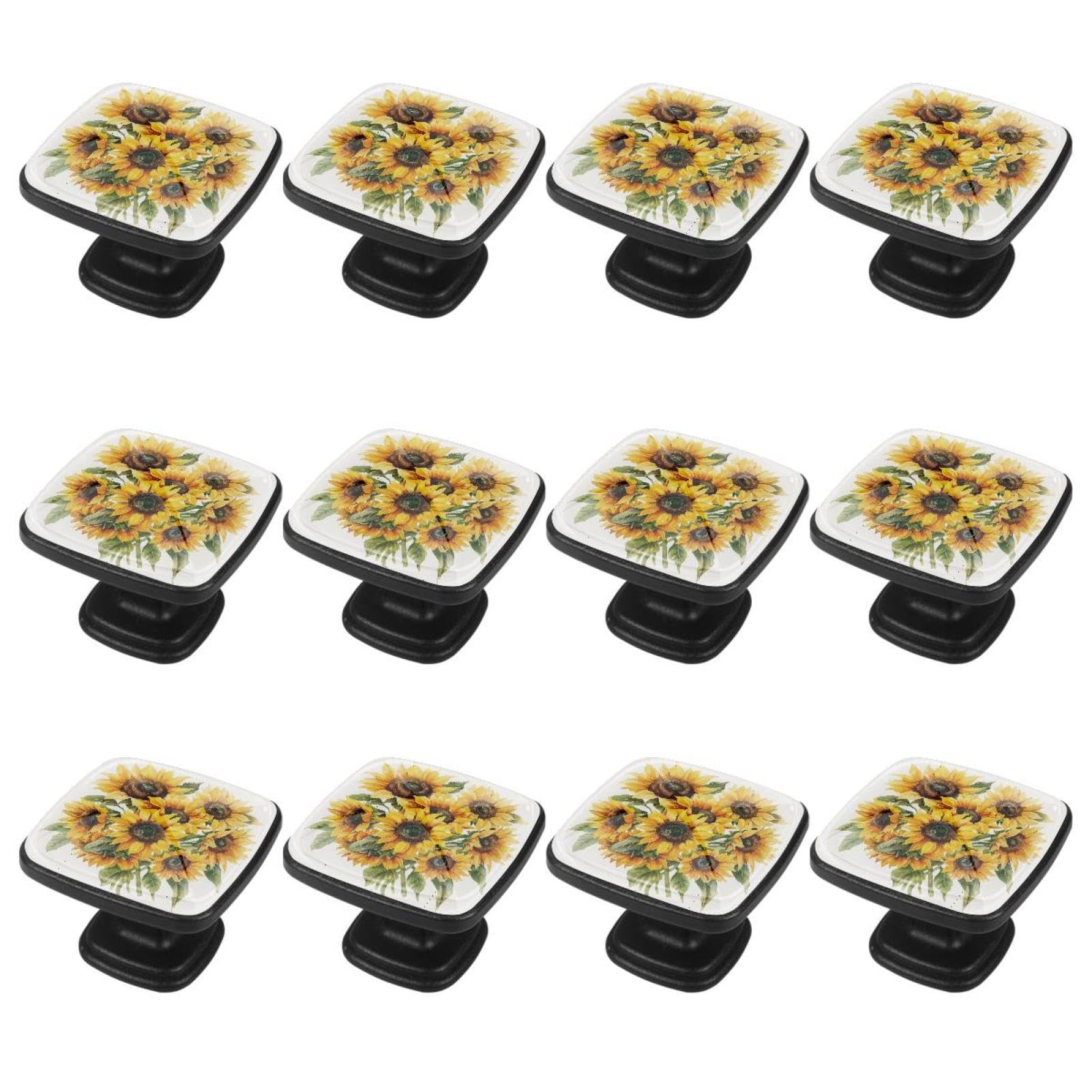 IROLSKDNFH 12 Pieces Sunflowers Bouquet Glass Knobs for Dresser Drawers, 1.37 x 1.10 in Square Kitchen Cabinet Pulls for Home Office Nursery Kids Room