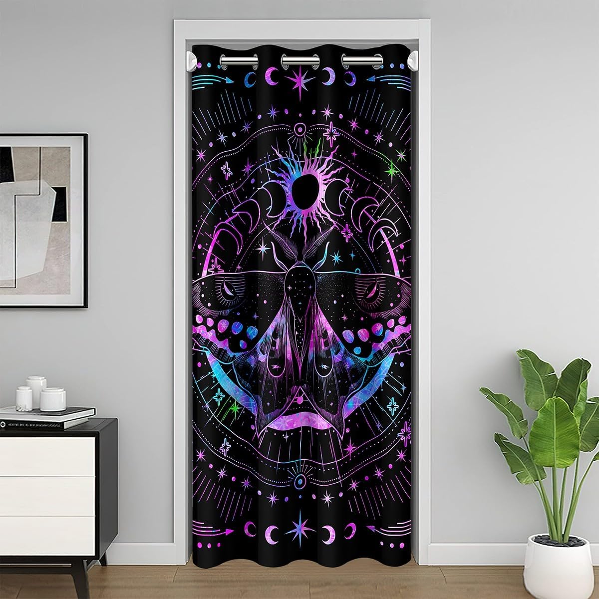 Castle Fairy Death Moth Door Curtain for Privacy Sun and Moon Galaxy Tribal Blackout Curtain for Bedroom Decor Purple Blue Neon Light Curtains Drape for Closet Room Divider Curtains 34" W x 80" L