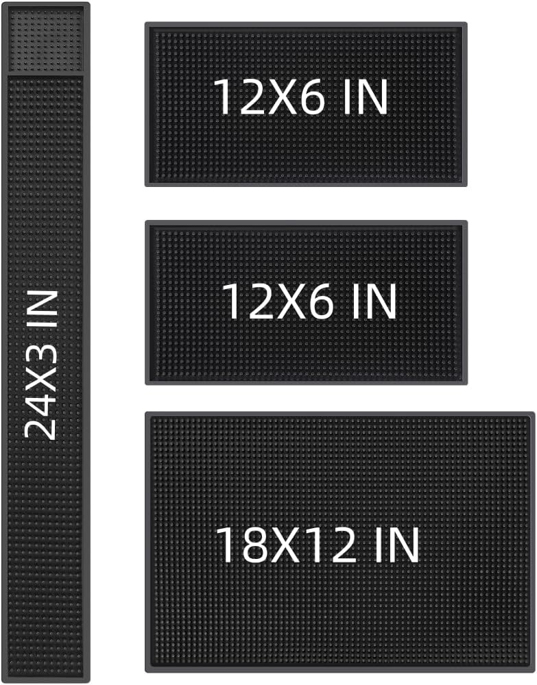 Bar Mat 4Pack IMIYOKU 0.3" Thick Durable Bar Mat for Spills Service Mat for Coffee Bars Restaurants and Counter Top Dish Drying Mat Glass Drying Mat (Black 1PC/18" x 12" +1PCS/23" x 3" +2PC/12" x 6")