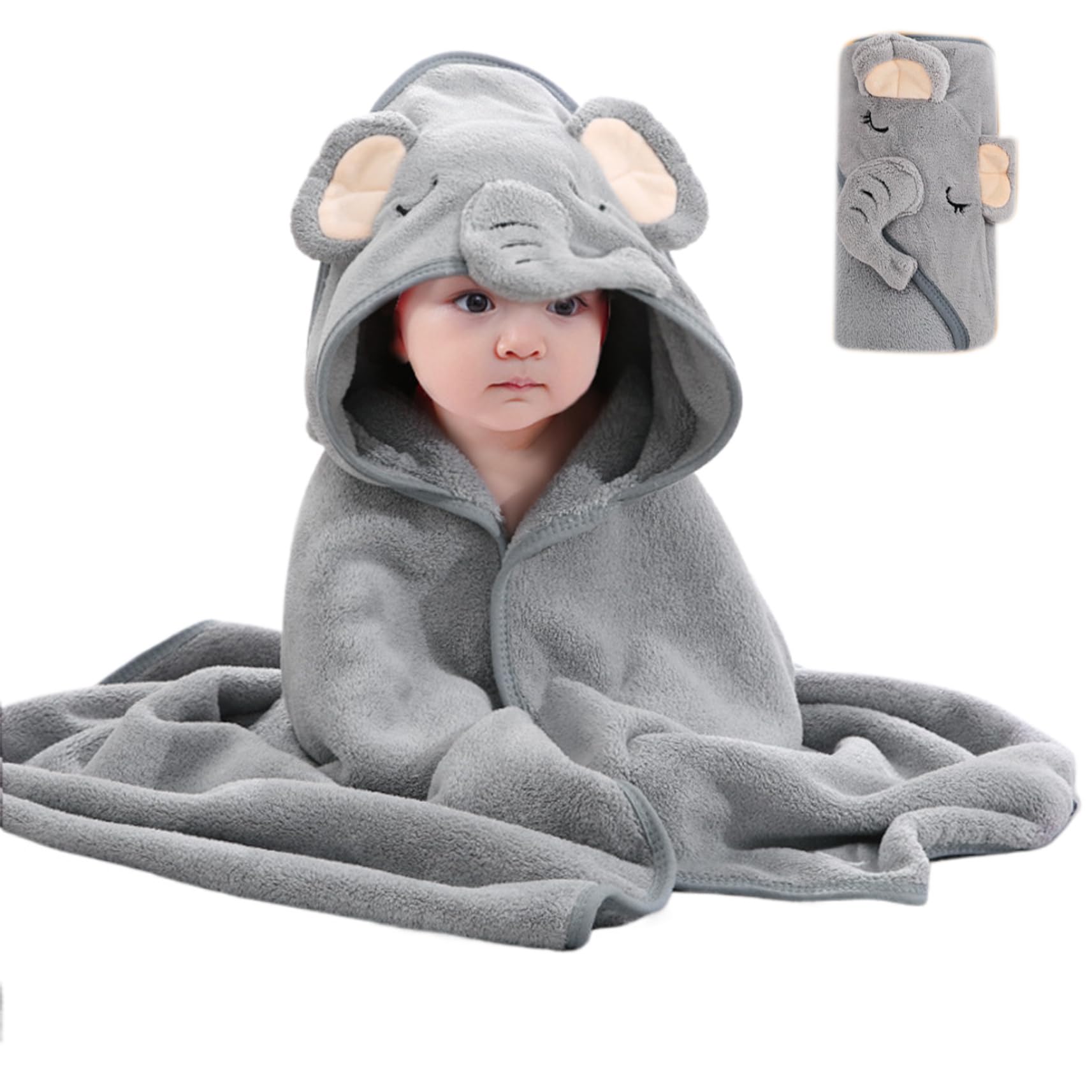 Peosaard Grey Baby Bath Towels Hooded, Baby Bath Towels 32X32'' Cute Elephant Kids With Hood Soft ＆ Absorbent Kids Hooded Toddler, Large Shower Towel