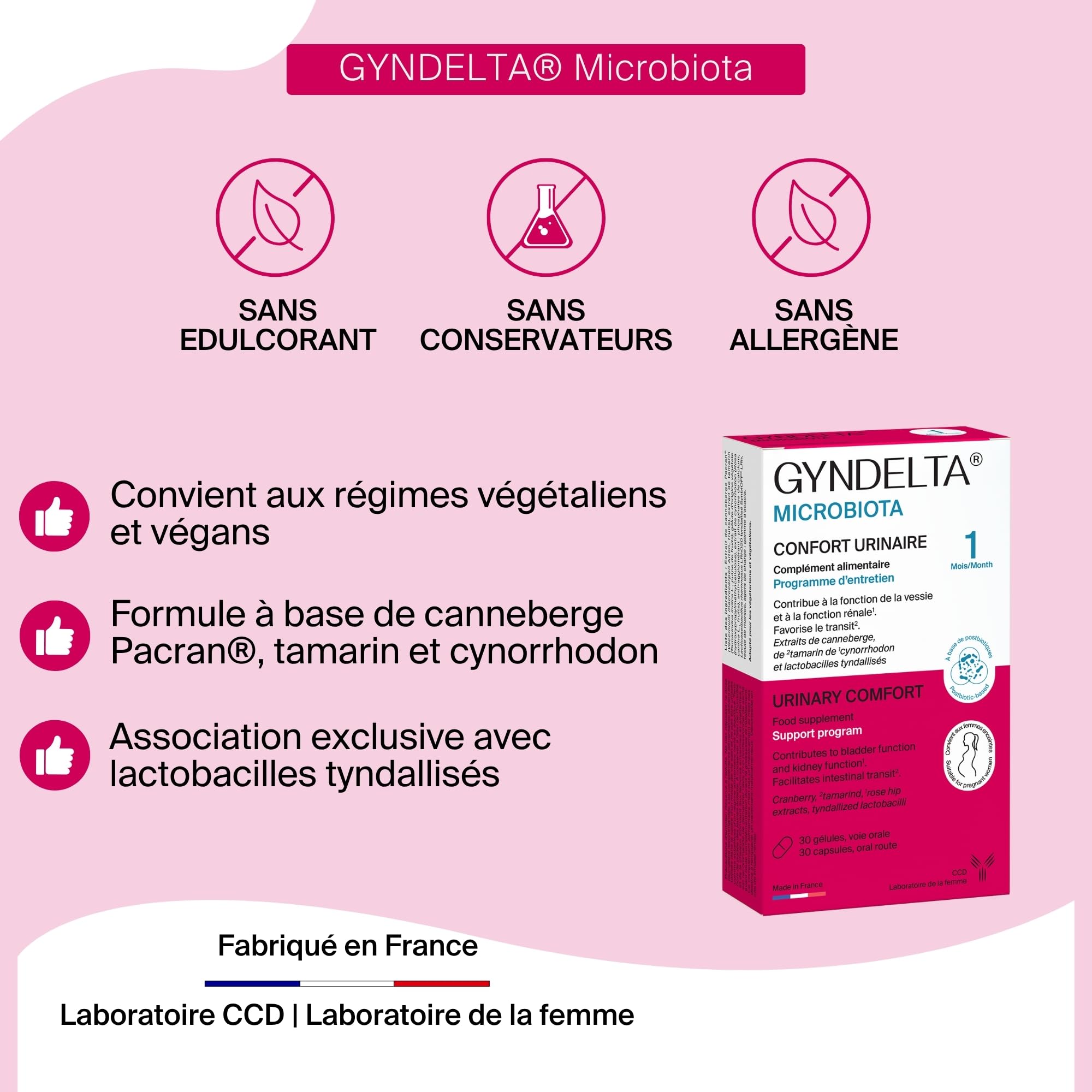 GYNDELTA® Microbiota | Confort urinaire et digestif de la femme | Canneberge Pacran®, Tamarin, Cynorrhodon & probiotiques | 30 gélules végétales | Cure 1 mois | Fabriqué en France
