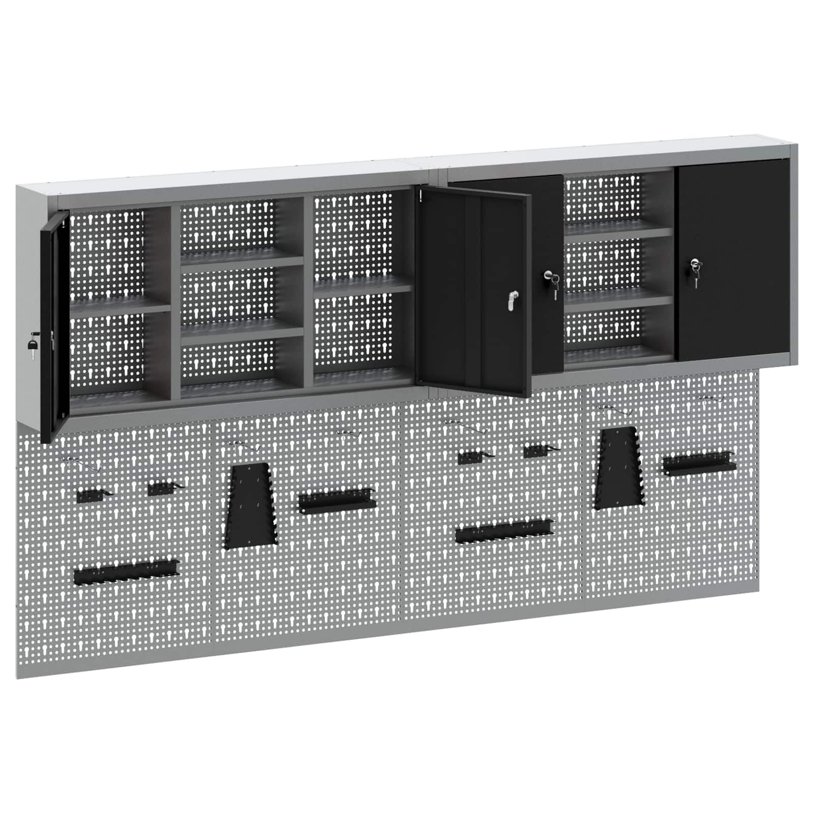 Lot de 6 armoires à outils en acier revêtu par pulvérisation - Montage mural - 200 x 20 x 115 cm - Avec étagères en métal - Plaques perforées - Pour atelier, garage, système de rangement
