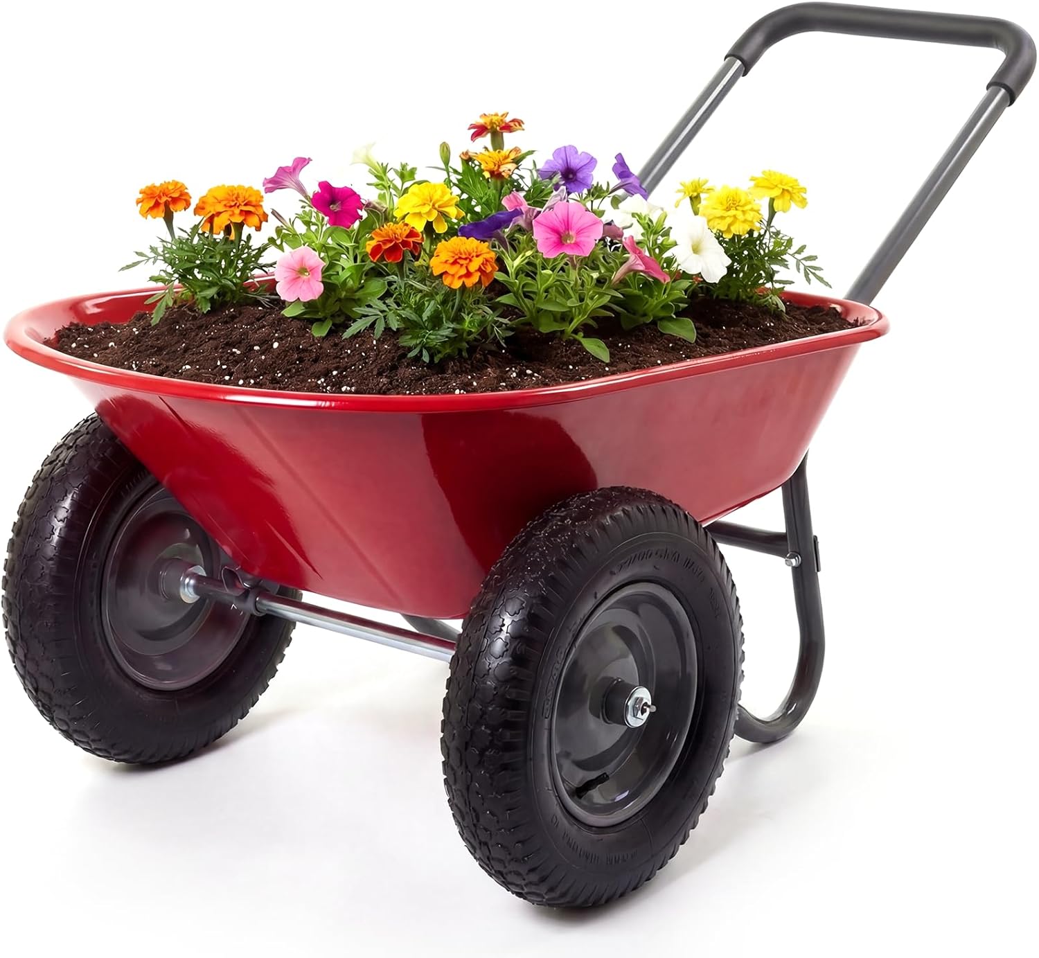 Wheelbarrow Garden Cart, Heavy Duty Home Utility, Dual-Wheel Home Garden Yard Utility Wheelbarrow Cart with Built-in Stand, (Red)