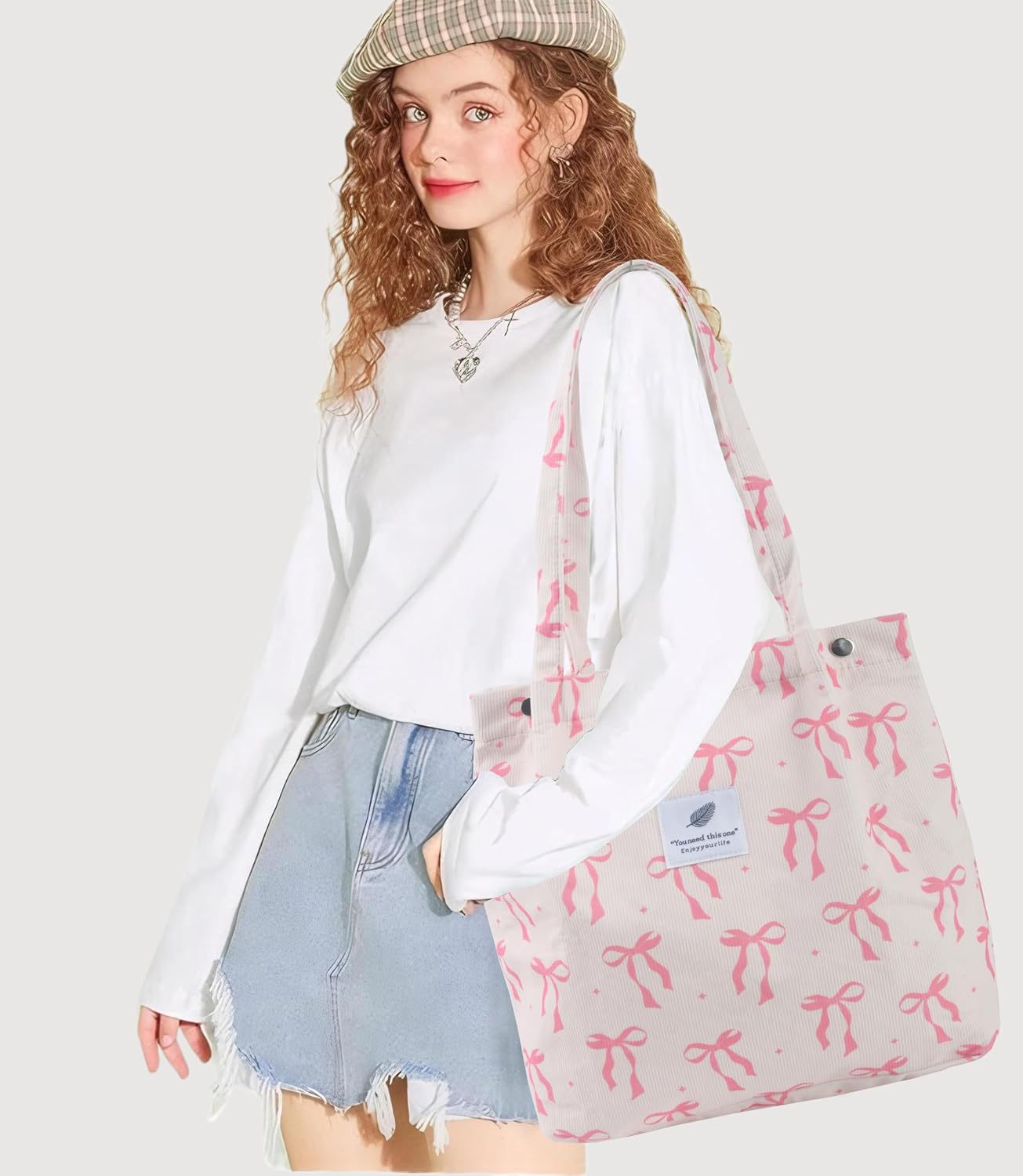 Corduroy Tote Bag, Work Shoulder Purse with Snap for Women image 2