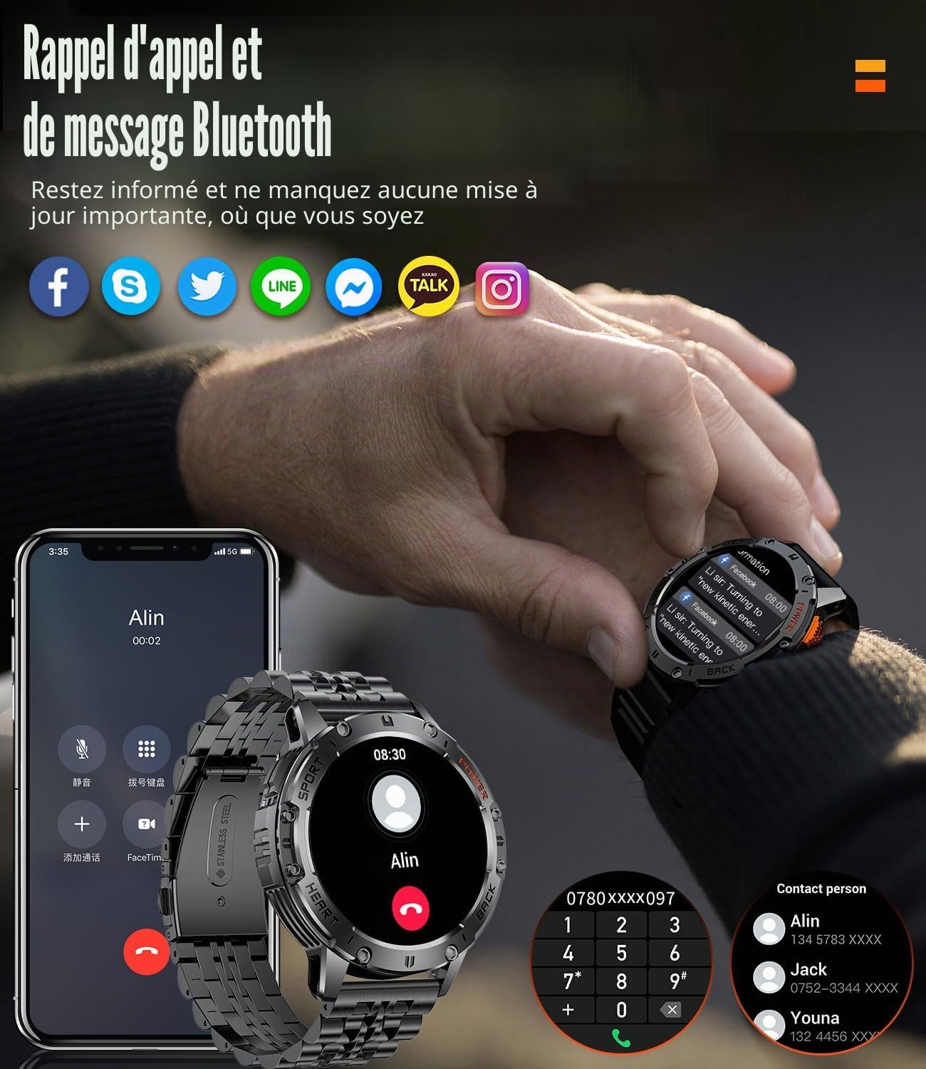 ESFOE Montre Connectée Homme Militaire,1.43'' AMOLED Écran/Lampe/530 mAh Smartwatch Homme Appel Bluetooth,Fréquence Cardiaque,Sommeil,Podometre,5ATM Étanche Fitness Tracker Android/iOS Noir