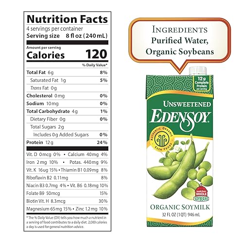Miniatura 2 de Eden Leche de soya orgánica Eden sin azúcar, sin OMG, leche de soja entera de Estados Unidos (soya), sin lácteos, vegana, lisa, 32 onzas (paquete de