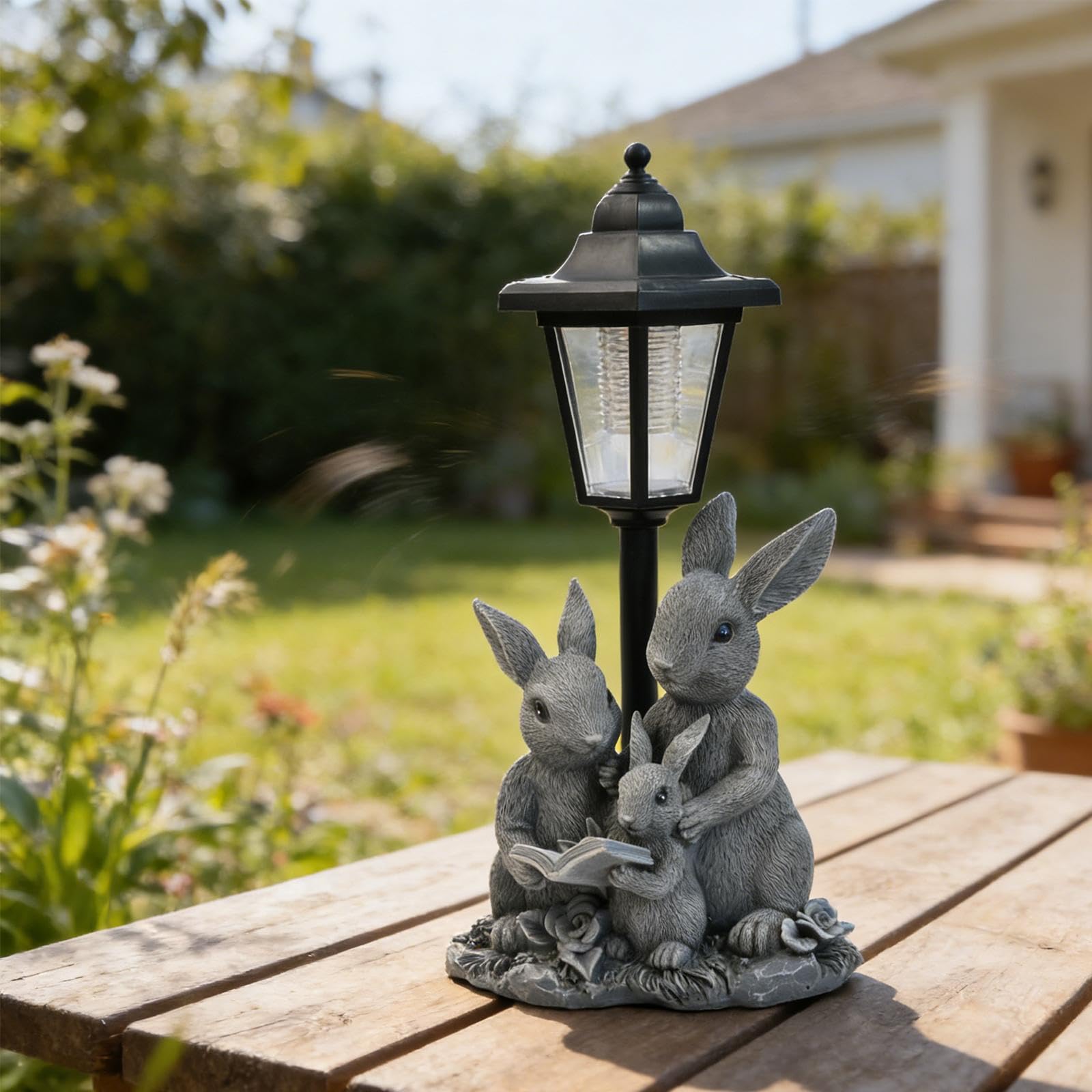 Statua di Coniglio, Ornamento da Giardino in Resina Resistente alle Intemperie, Lampada da Paesaggio