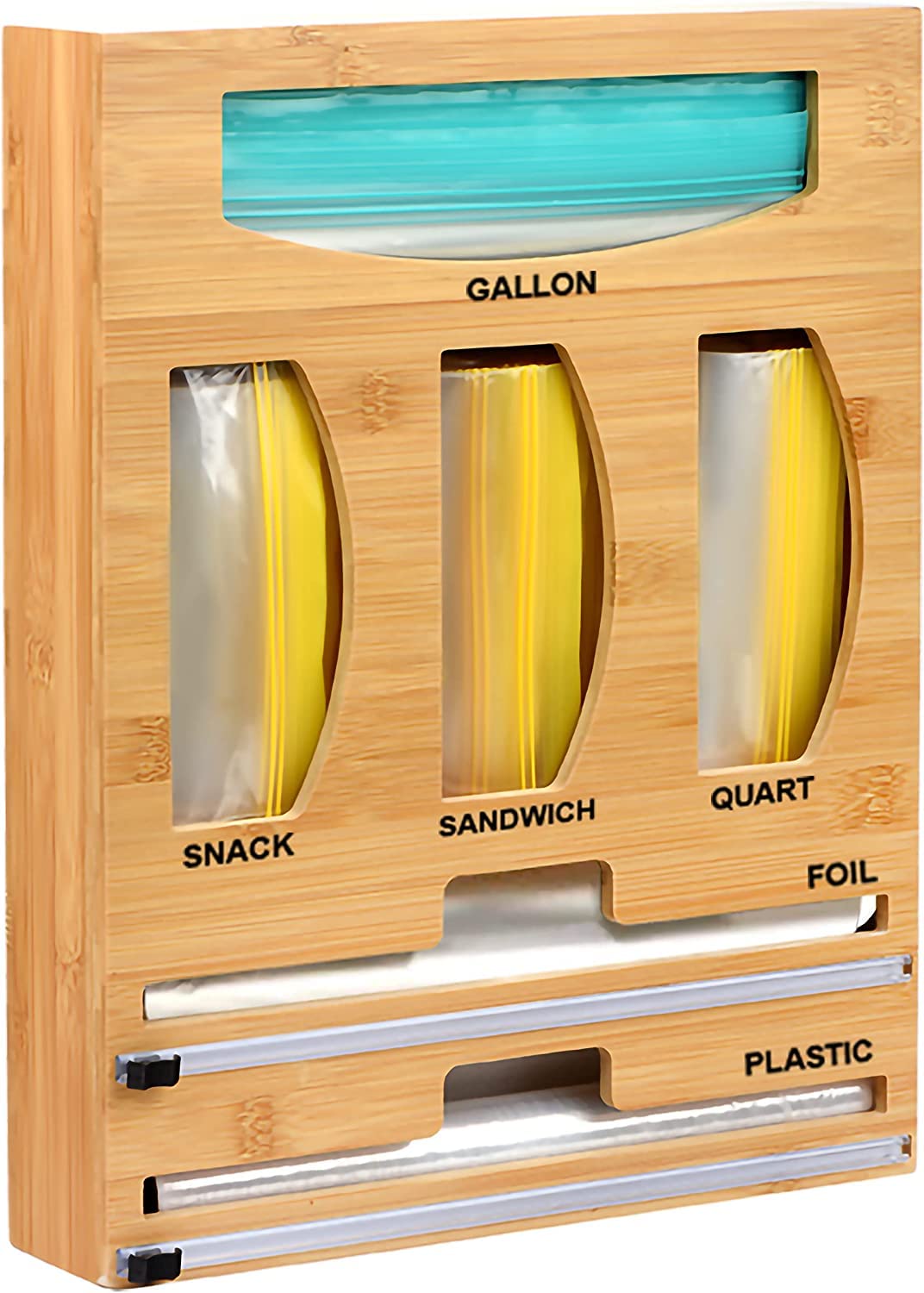 Bag Organizer and Plastic Wrap Dispenser with Cutter, 6 In 1 Bamboo Foil and Plastic Wrap Organizer for Kitchen Drawer, Food Storage Bag Organizer for Gallon,Quart,Sandwich,Snack