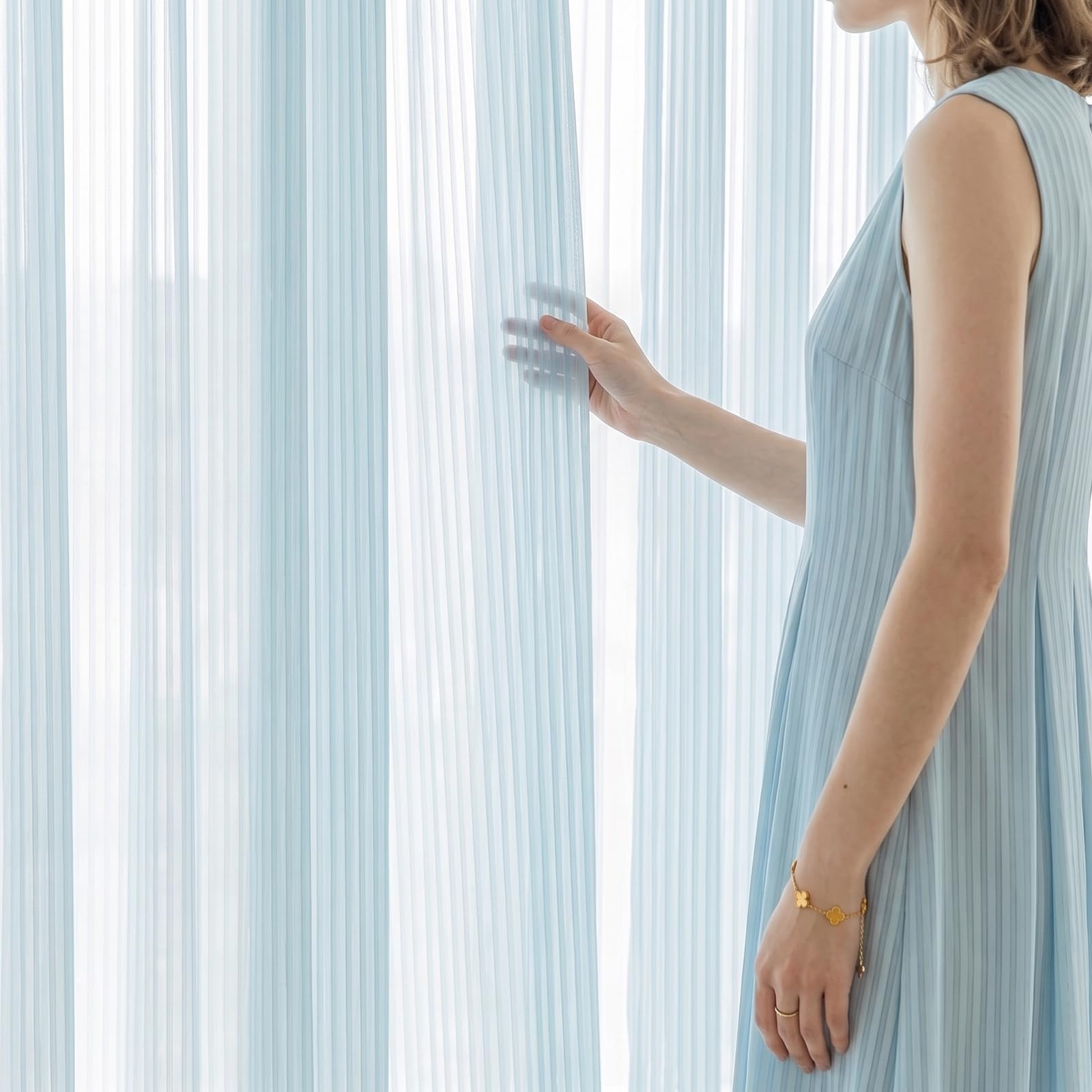Gazal Vole Sky Blue Semi Sheer Curtains for Living Room, Vertical Pinstripe Light Filtering Voile Panels 2 Pack, 63 inch Drop, Soft Airy Rod Pocket Window Drapes for Daytime Privacy