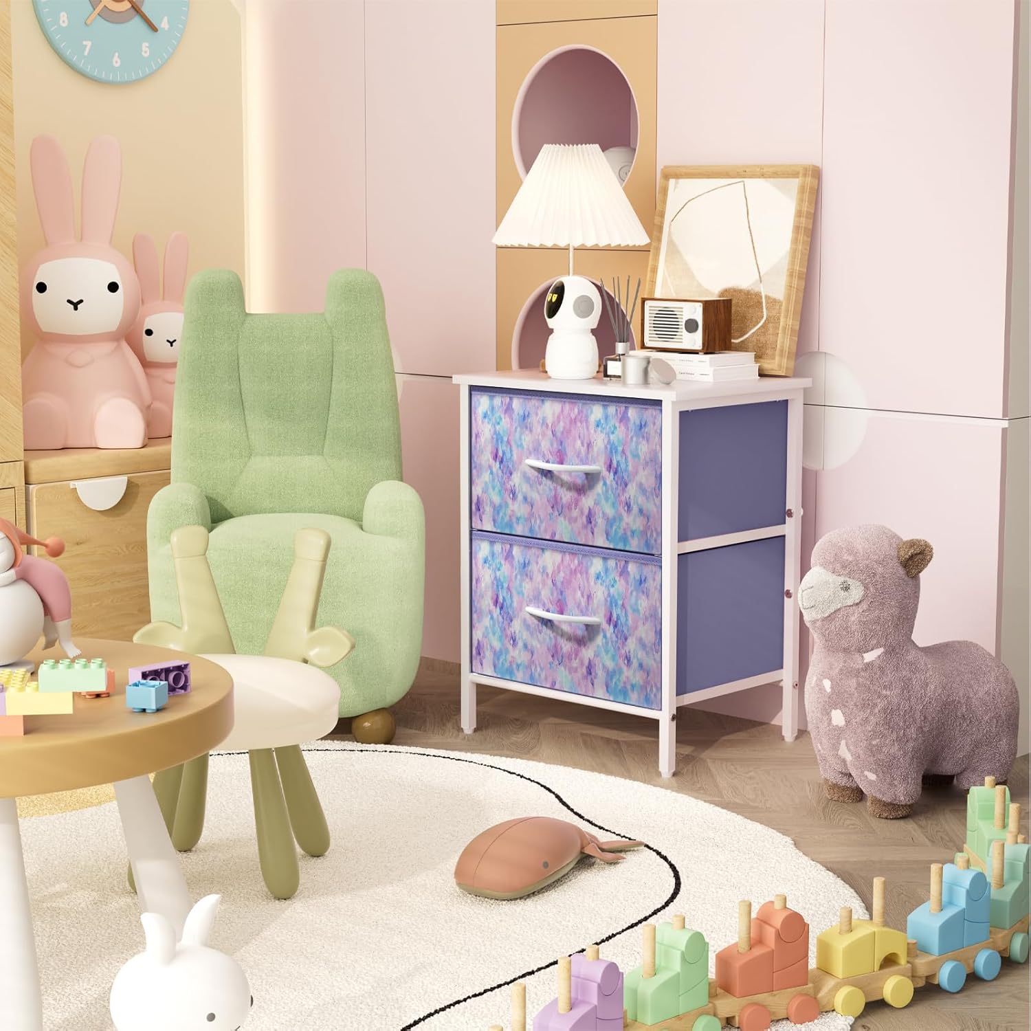 Stero Nightstand, Kids Dresser with 2 Drawers, Steel Frame Bedside Furniture, Wood Top Fabric Night Stand, Colorful End Table for Home, Bedroom, Office, Tie-dye Purple