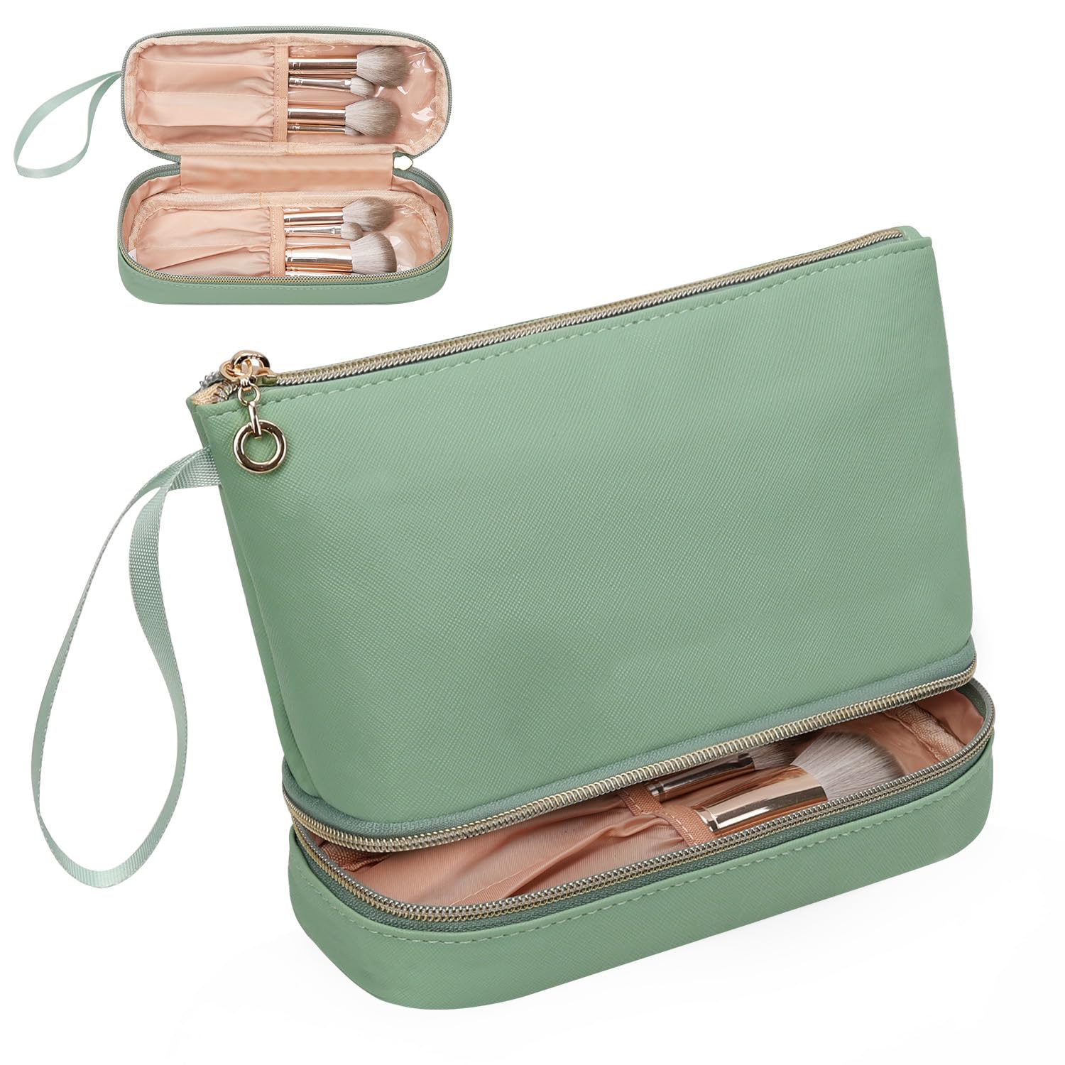EtherealSmall Makeup Bag, Creen Travel Makeup Organizer Bag for Women Double Layer Cosmetic Bag Portable Makeup Brush Bags