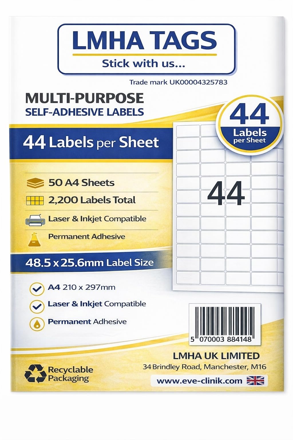 LMHA Tags A4 Self Adhesive Address Labels 44 Per Sheet, 2200 Labels Total, 50 Sheets, 48.5 x 25.6mm, Permanent Sticky Labels for Inkjet & Laser Printers, Mailing, Shipping & Office Use