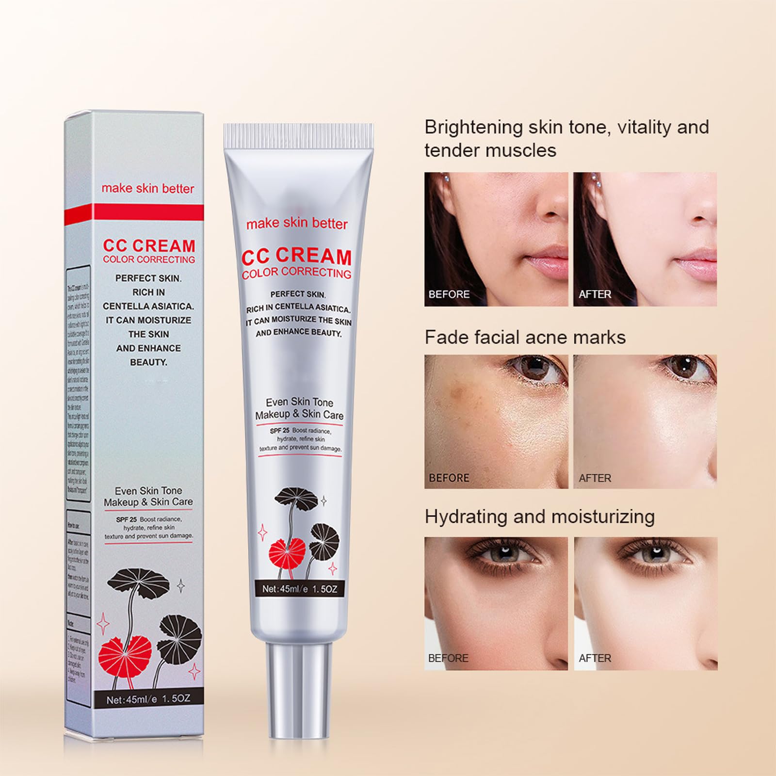CC Cream, krem CC z Centella Asiatica do korekcji kolorów, całkowicie kryjący podkład, nawilżający korektor