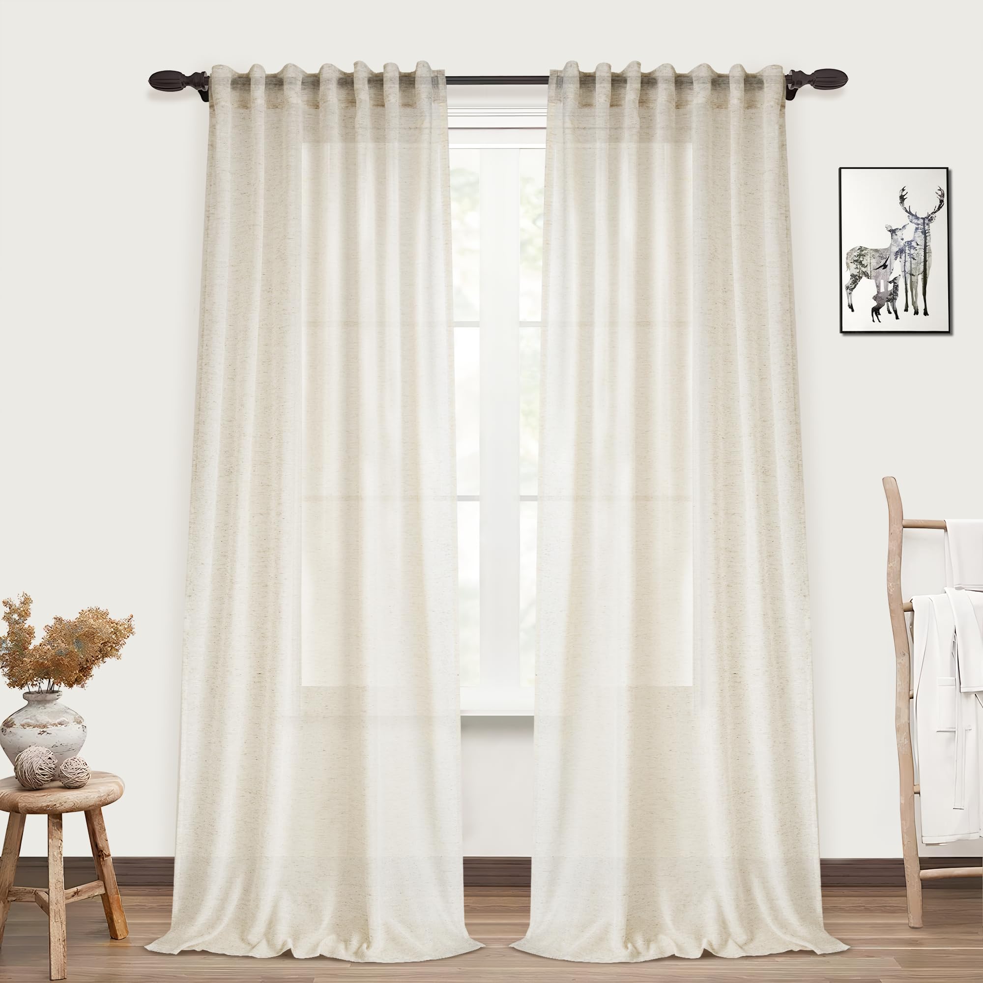 PANGSINNE Natural Linen Blend Sheer Curtains Panels, Back Tab Cream Long 90 Inch Curtains Ligth Flitering for Living Room, Flax Drapes for Sunroom Sliding Glass Door Sand Beach Farmhouse W52 x L90